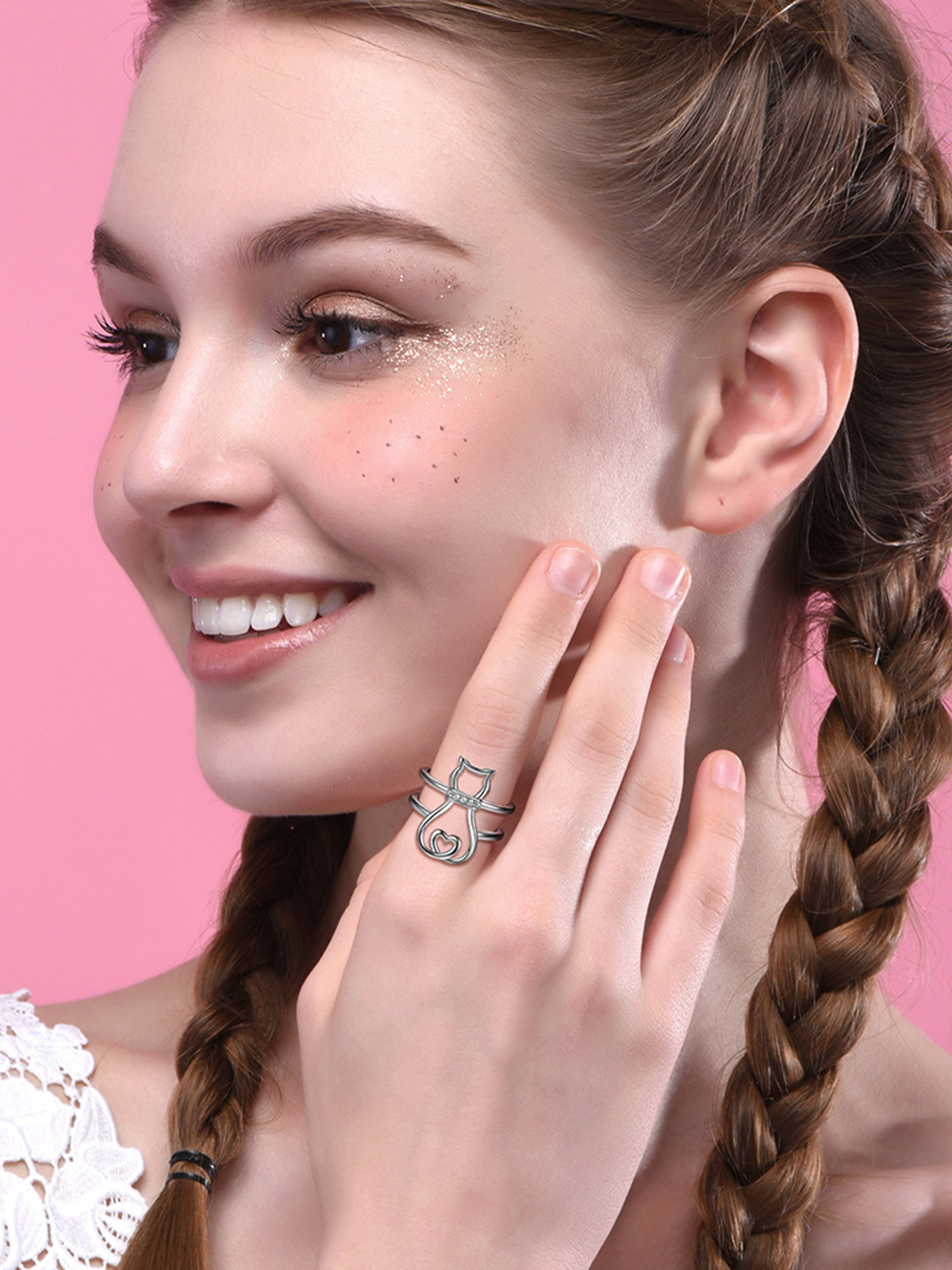 Adjustable Cute Cat Ring with CZ in Silver