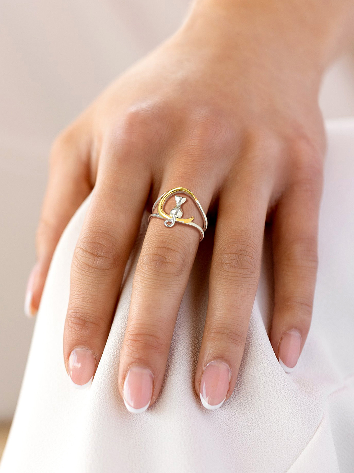 Adjustable Cute Cat on the Moon Ring in Silver