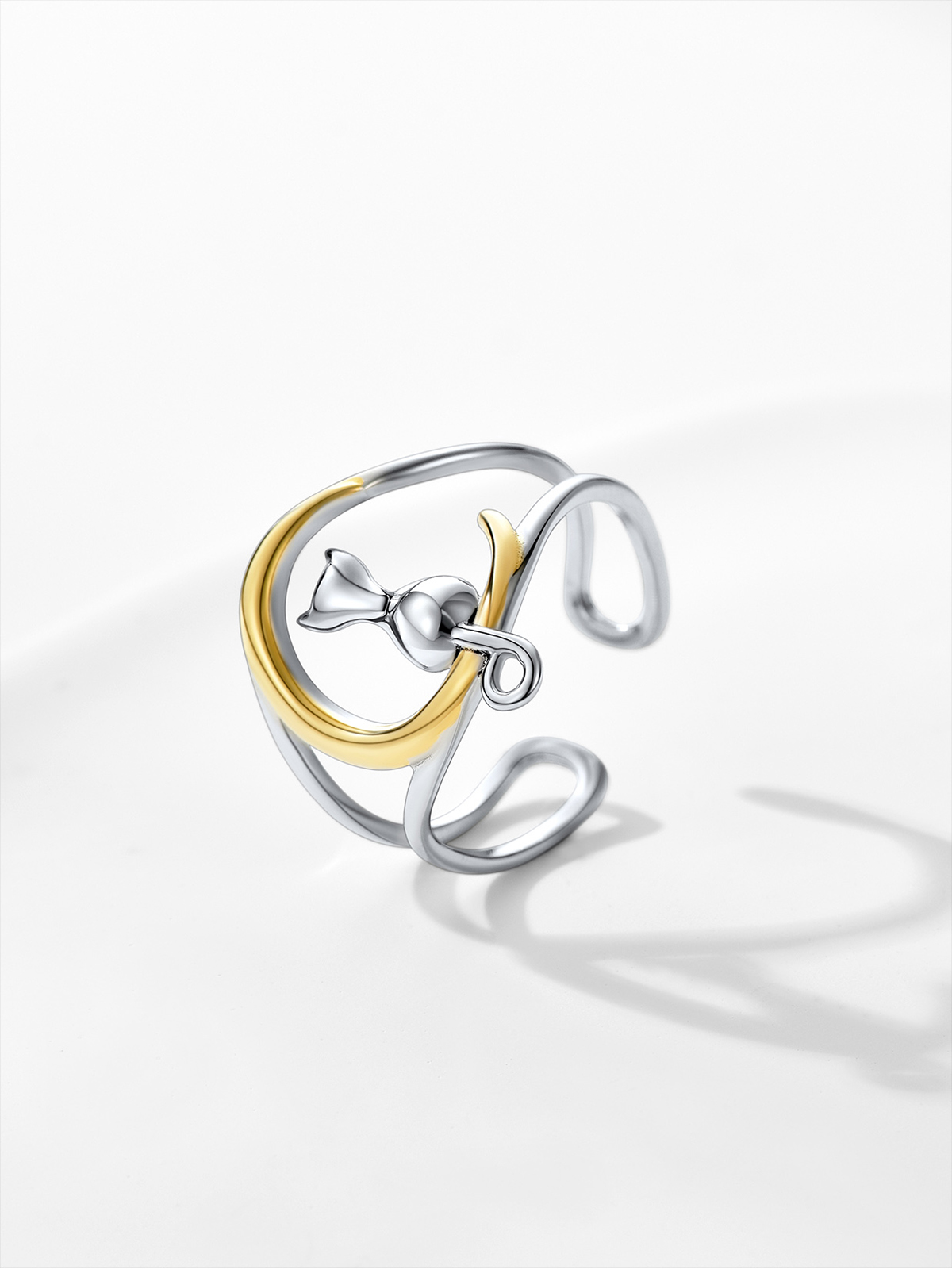 Adjustable Cute Cat on the Moon Ring in Silver