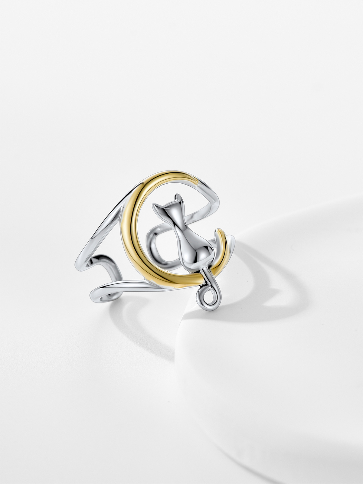 Adjustable Cute Cat on the Moon Ring in Silver