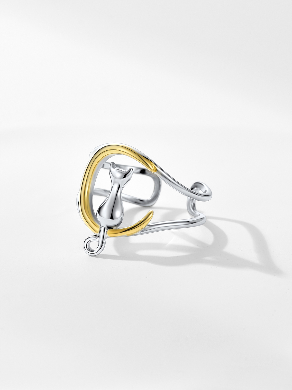 Adjustable Cute Cat on the Moon Ring in Silver