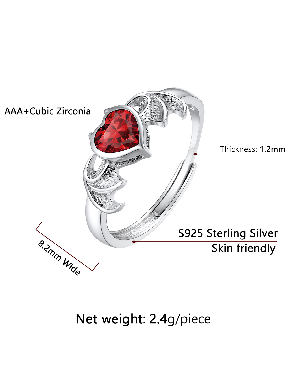 Halloween Gothic Jewelry Bat Ring Birthstone Heart Ring in Silver