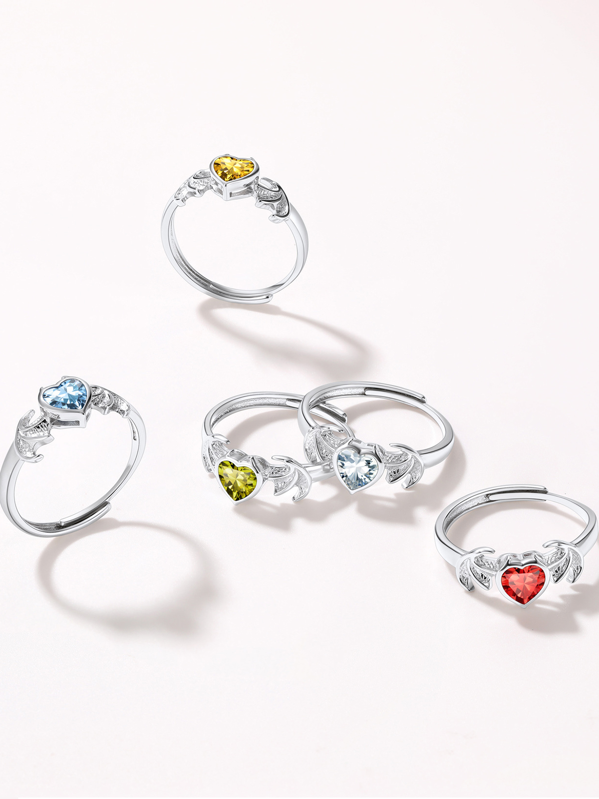 Halloween Gothic Jewelry Bat Ring Birthstone Heart Ring in Silver