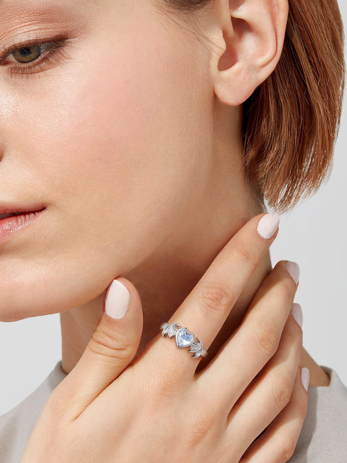 Halloween Gothic Jewelry Bat Ring Birthstone Heart Ring in Silver