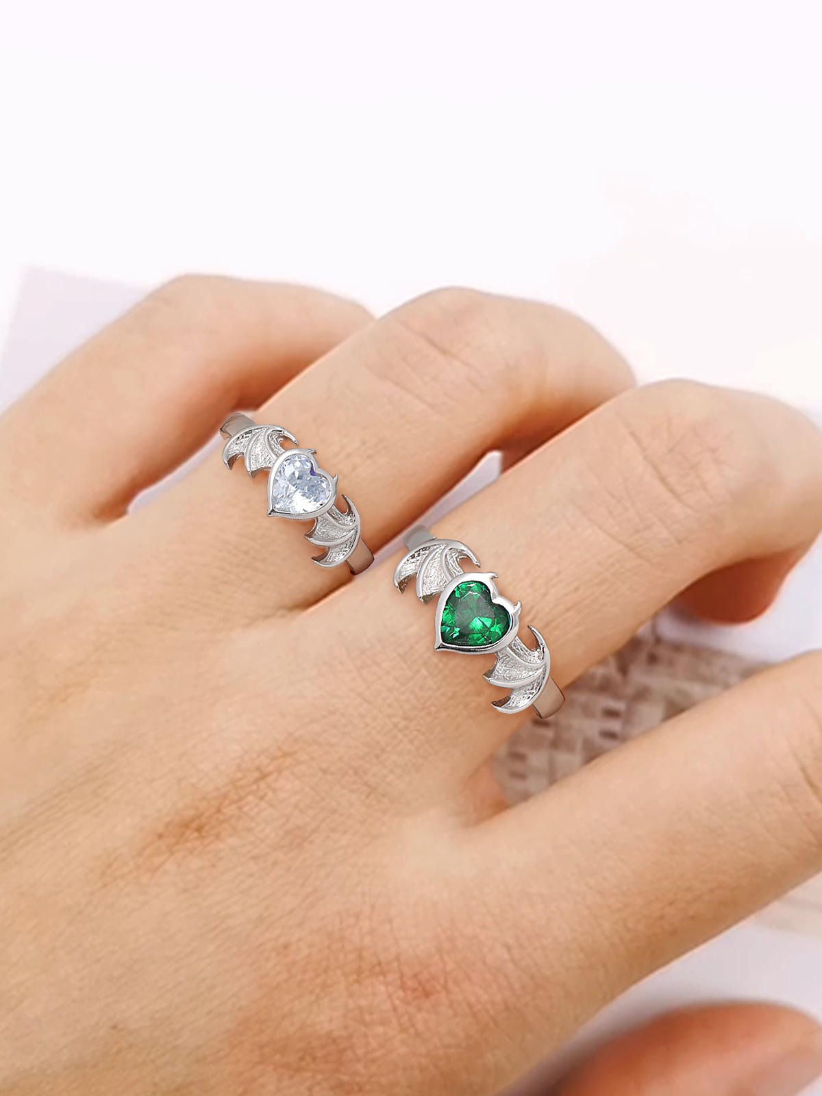 Halloween Gothic Jewelry Bat Ring Birthstone Heart Ring in Silver