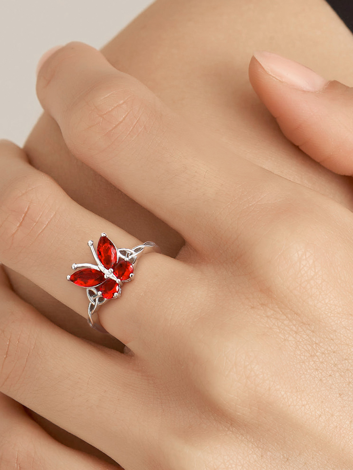 Adjustable Synthetic Garnet Celtic Knot Band Butterfly Ring
