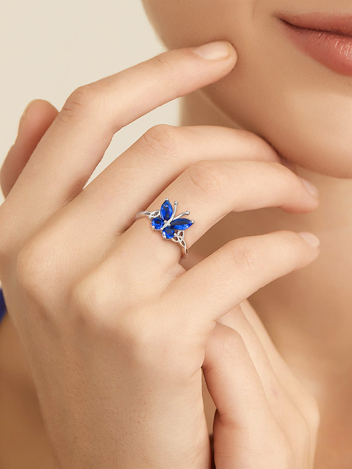 Adjustable Synthetic Sapphire Celtic Knot Band Butterfly Ring