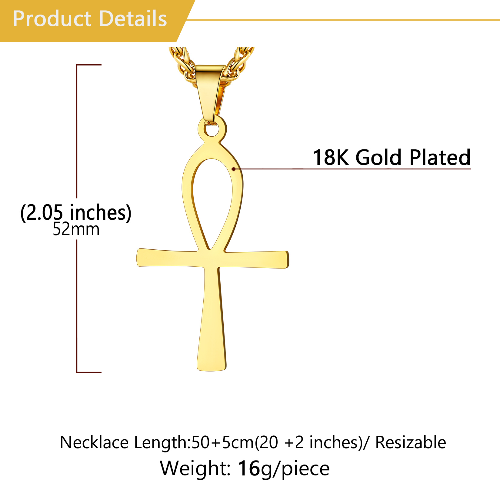 Simple Ankh Cross Pendant Egyptian Necklace Details-Necklace Length, Weight