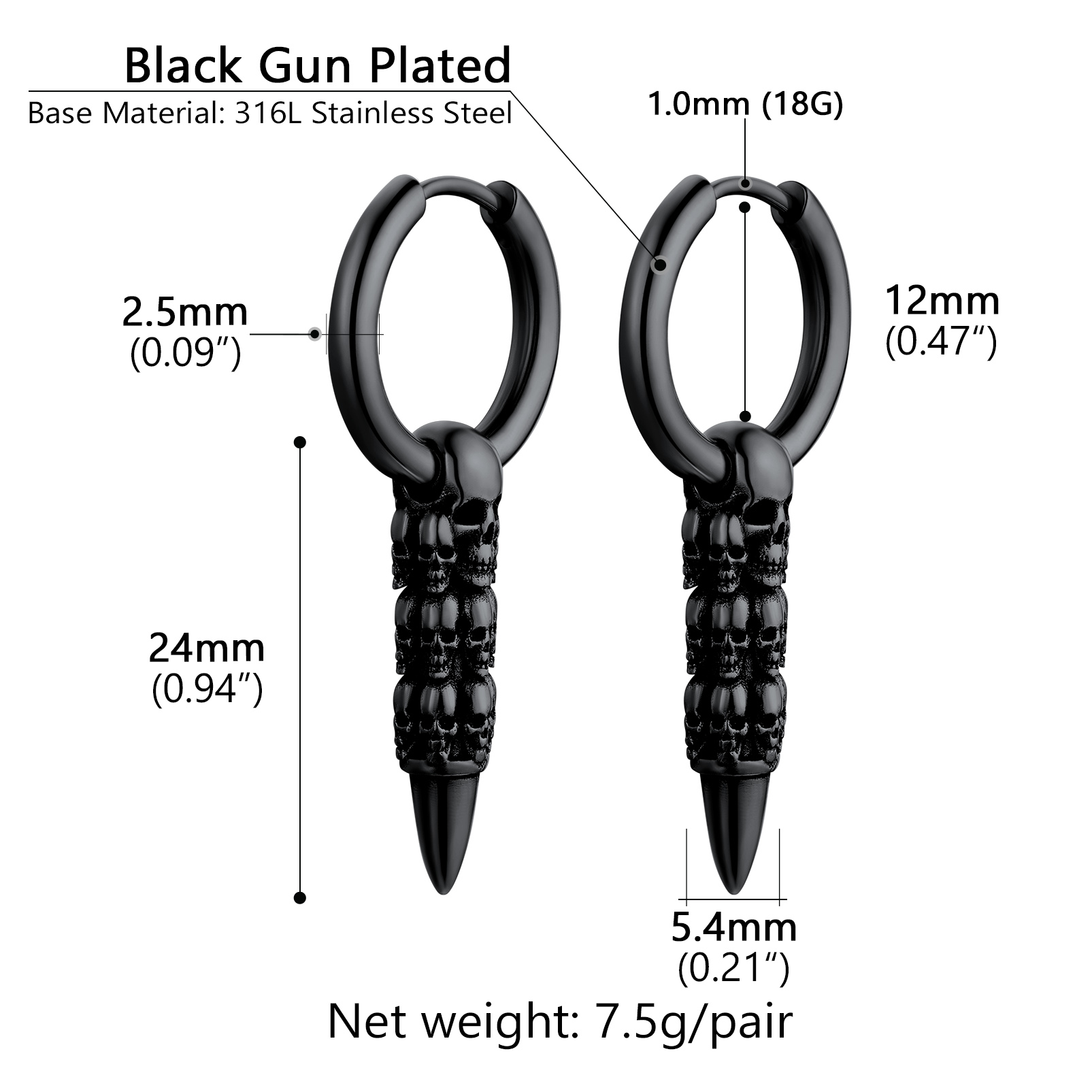 Skull Huggie Hoop Dangle Drop Details-Earrings Size, Weight