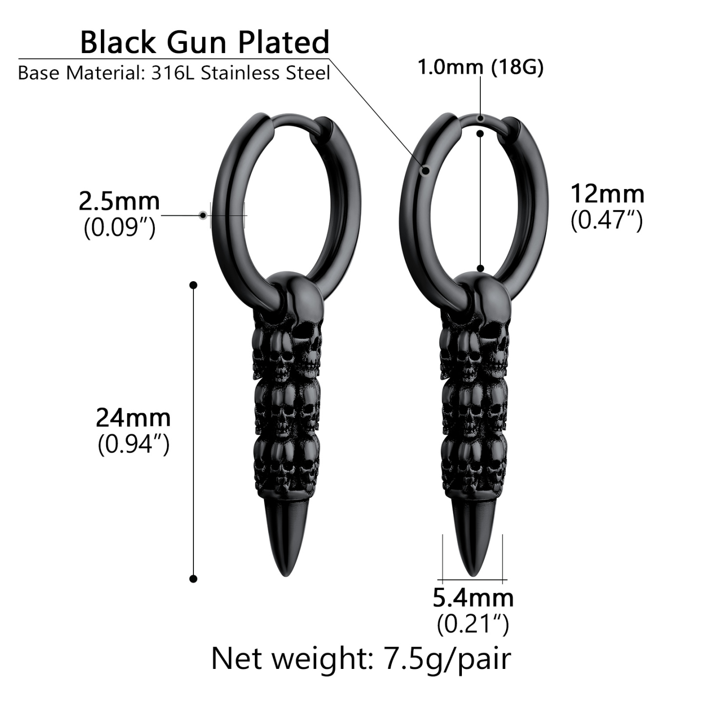 Skull Huggie Hoop Dangle Drop Details-Earrings Size, Weight