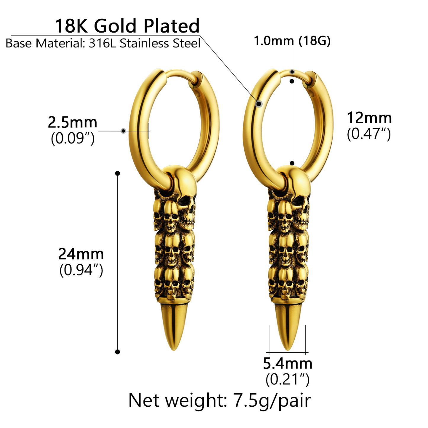 Skull Huggie Hoop Dangle Drop Details-Earrings Size, Weight