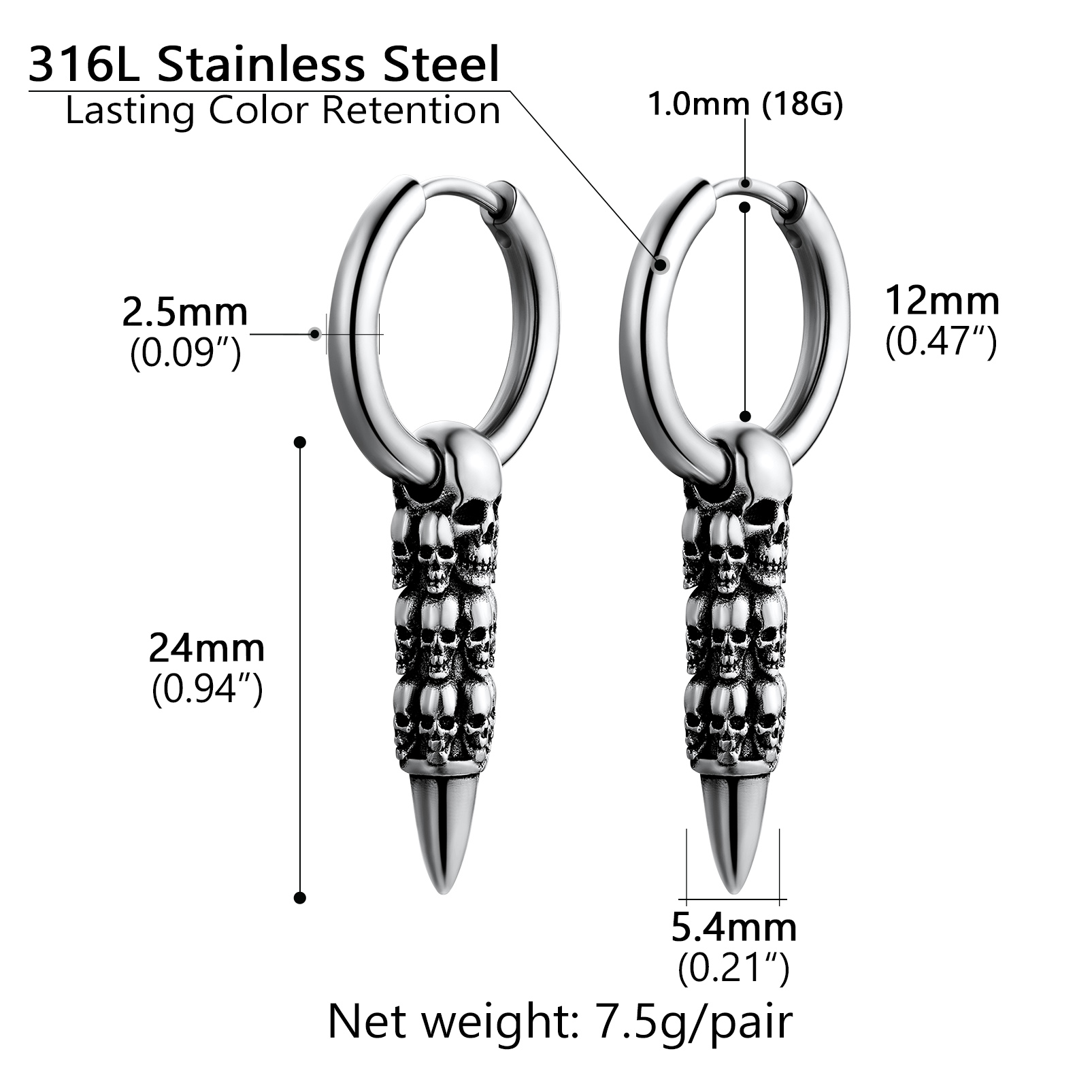 Skull Huggie Hoop Dangle Drop Details-Earrings Size, Weight