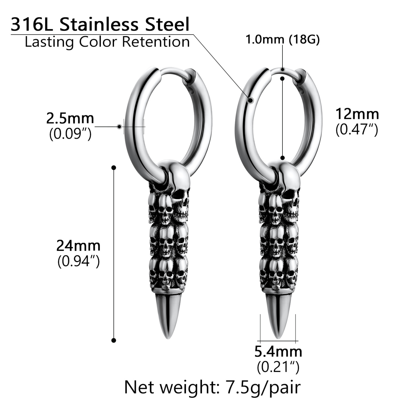 Skull Huggie Hoop Dangle Drop Details-Earrings Size, Weight