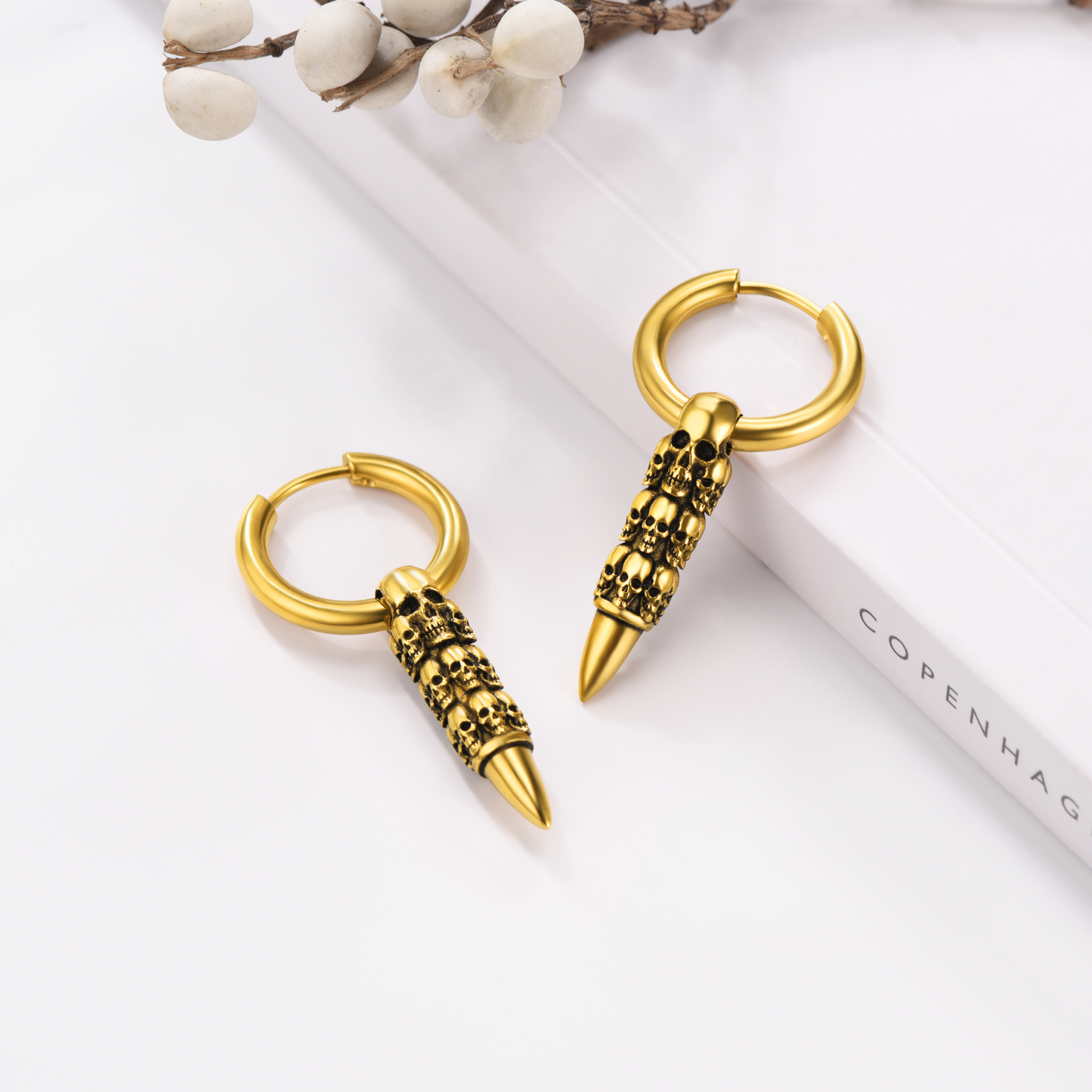 Skull Huggie Hoop Dangle Drop Earrings, 18K Gold Plated-01