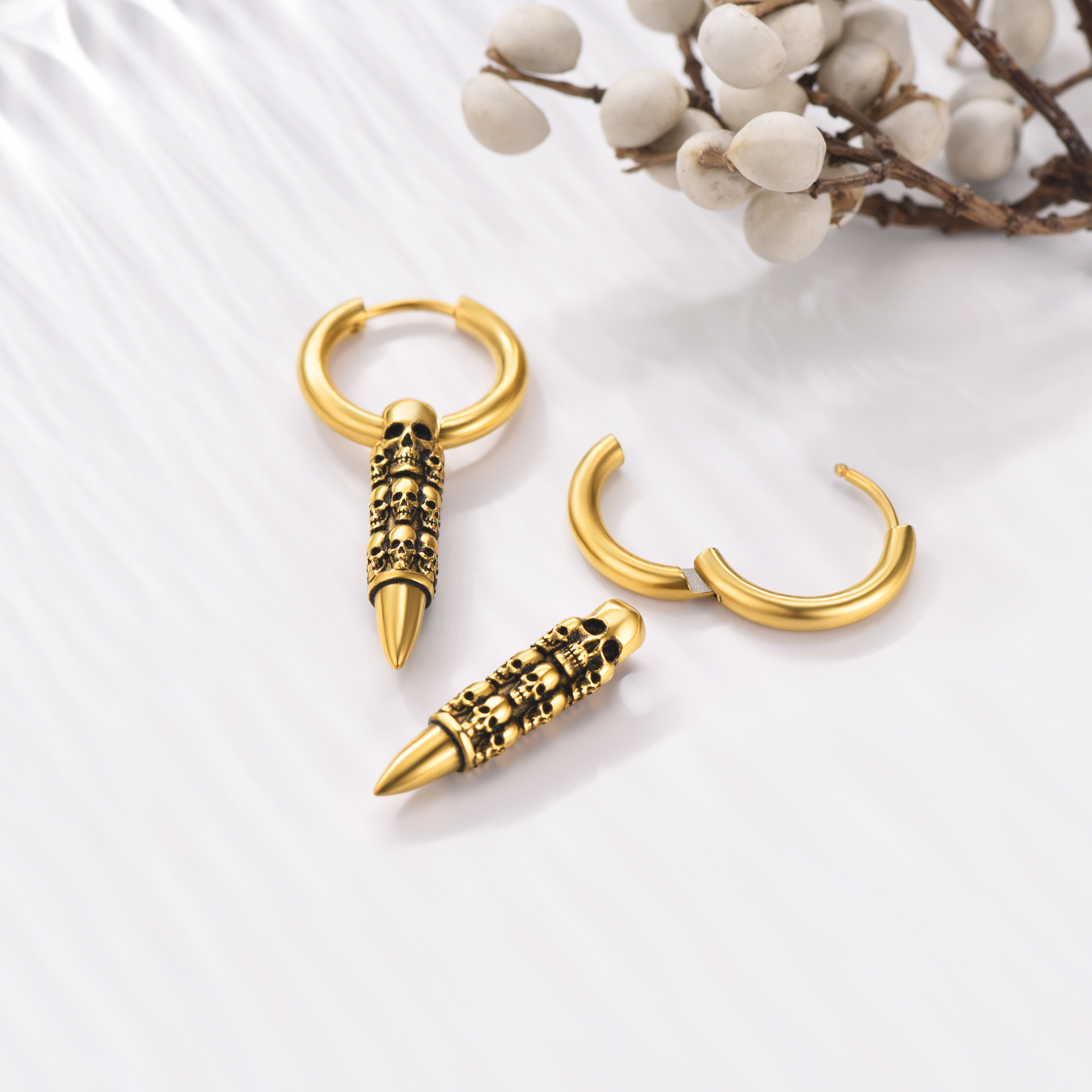 Skull Huggie Hoop Dangle Drop Earrings, 18K Gold Plated-02