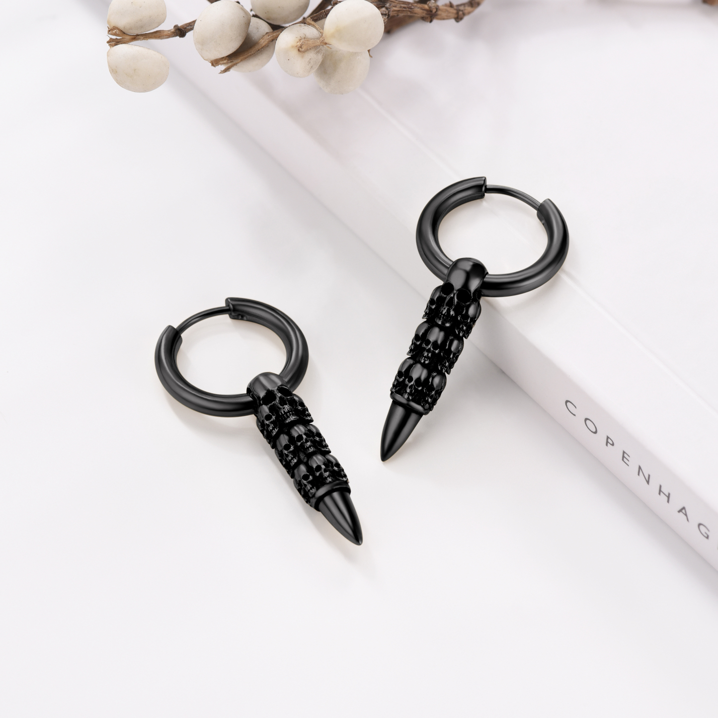 Skull Huggie Hoop Dangle Drop Earrings, Black Plated-01