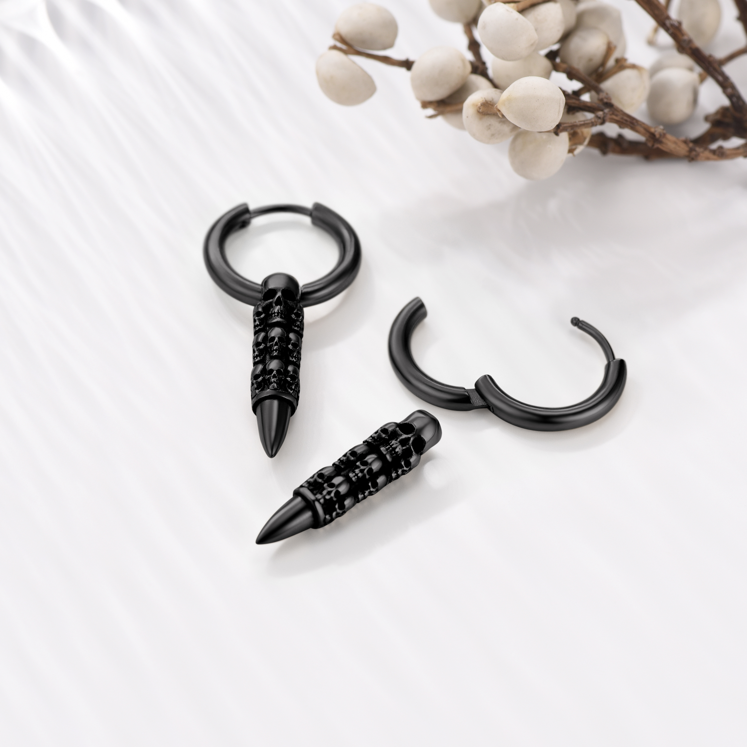 Skull Huggie Hoop Dangle Drop Earrings, Black Plated-02