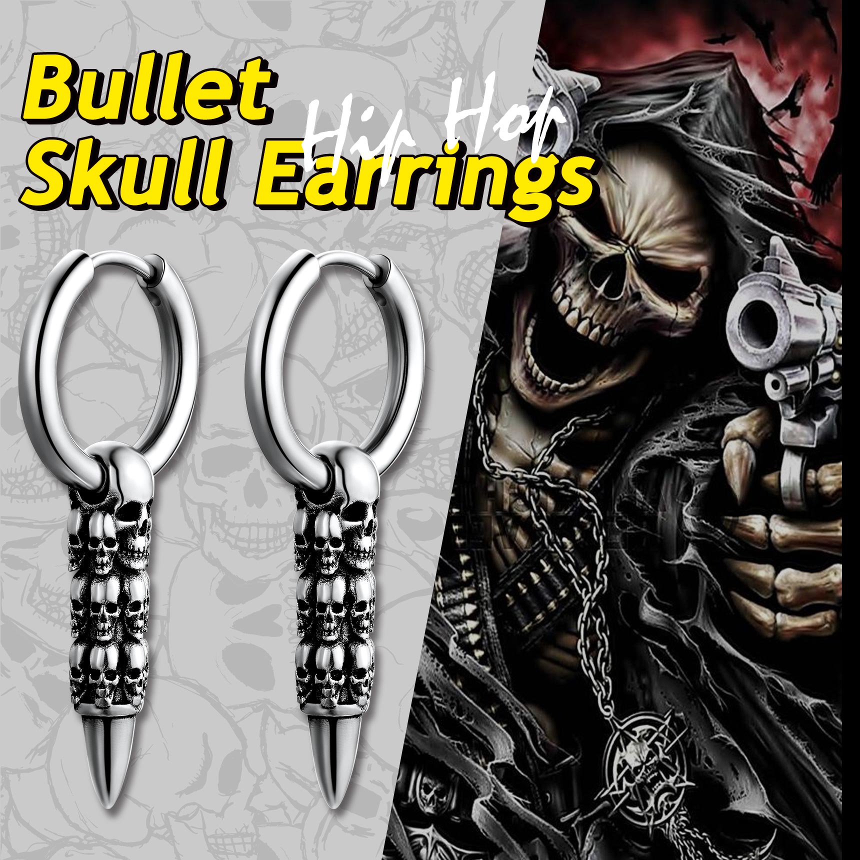 Skull Huggie Hoop Dangle Drop Earrings, Gothic Jewelry