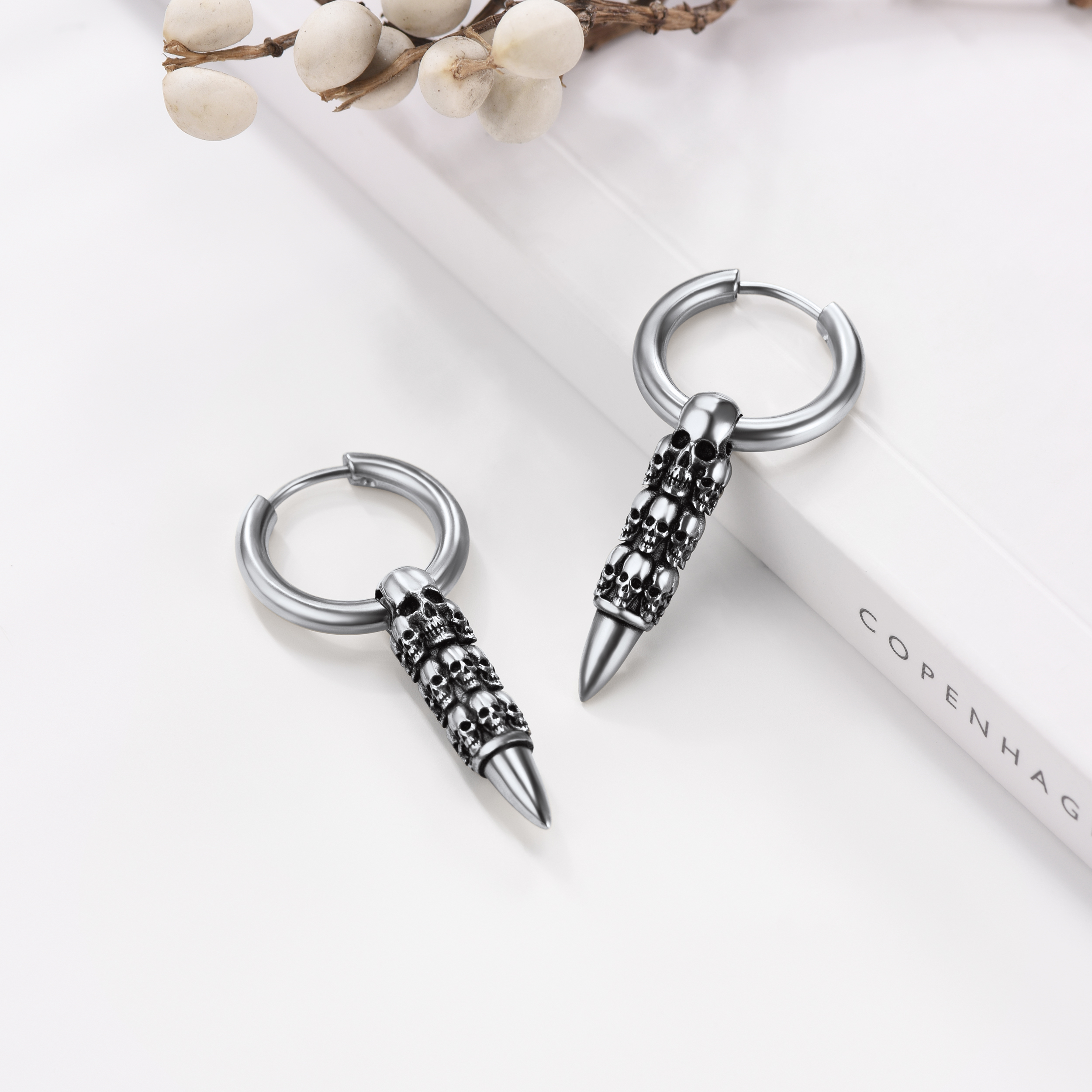 Skull Huggie Hoop Dangle Drop Earrings, Stainless Steel-01