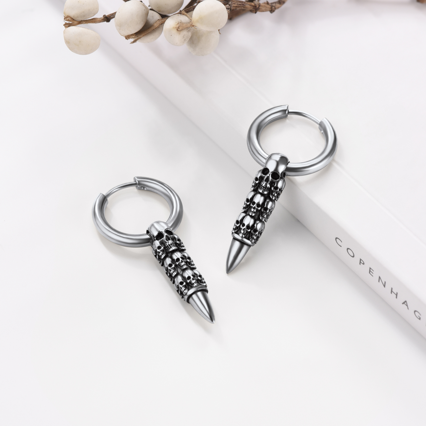 Skull Huggie Hoop Dangle Drop Earrings, Stainless Steel-01