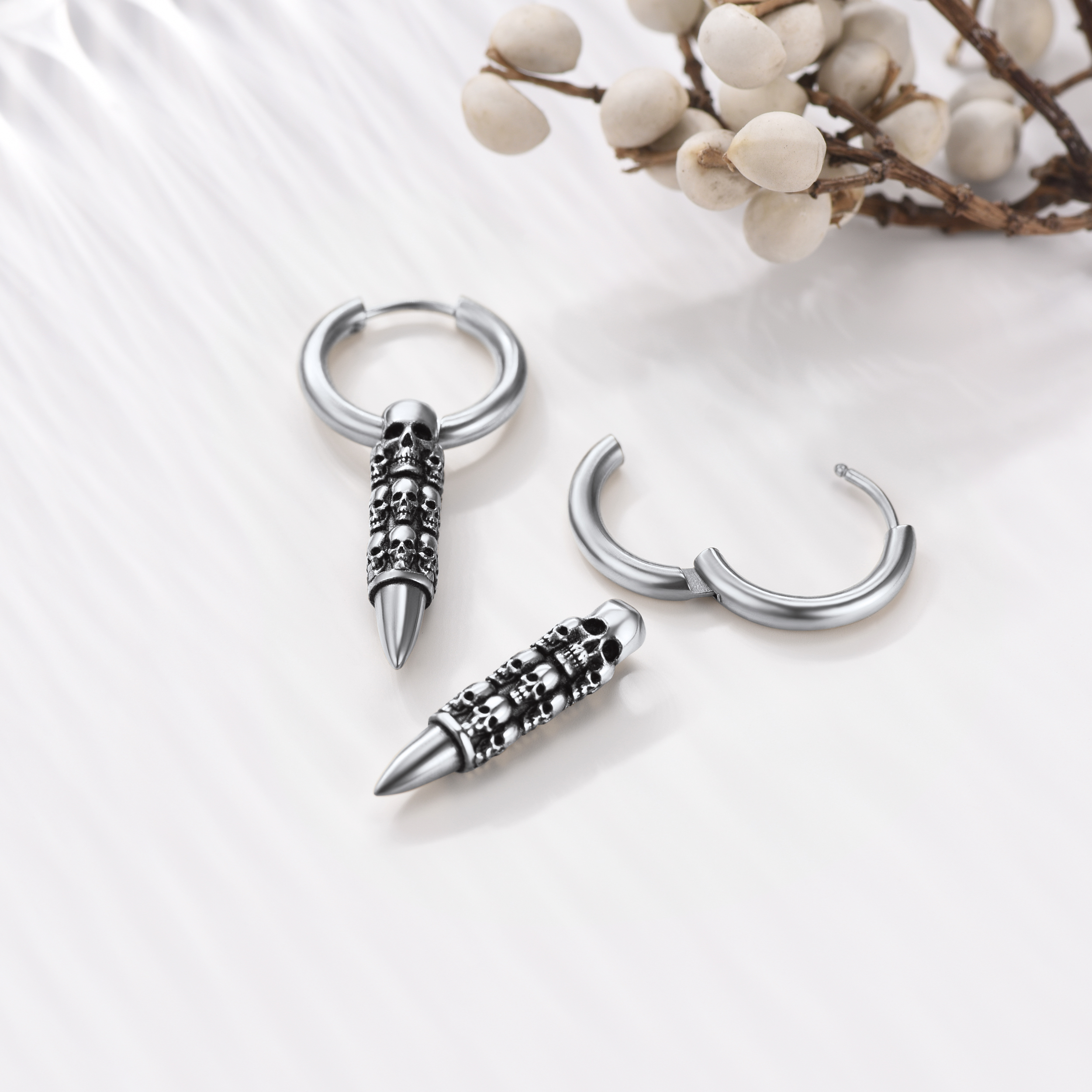 Skull Huggie Hoop Dangle Drop Earrings, Stainless Steel-02