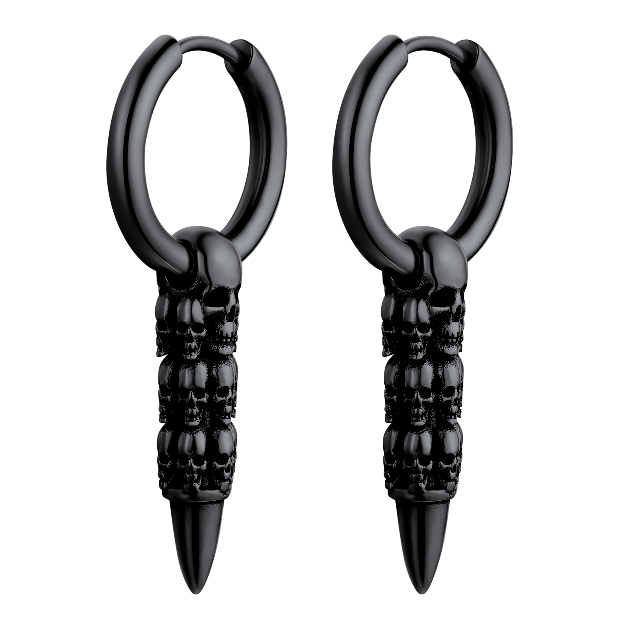 Skull Huggie Hoop Dangle Drop Earrings in Black Plated