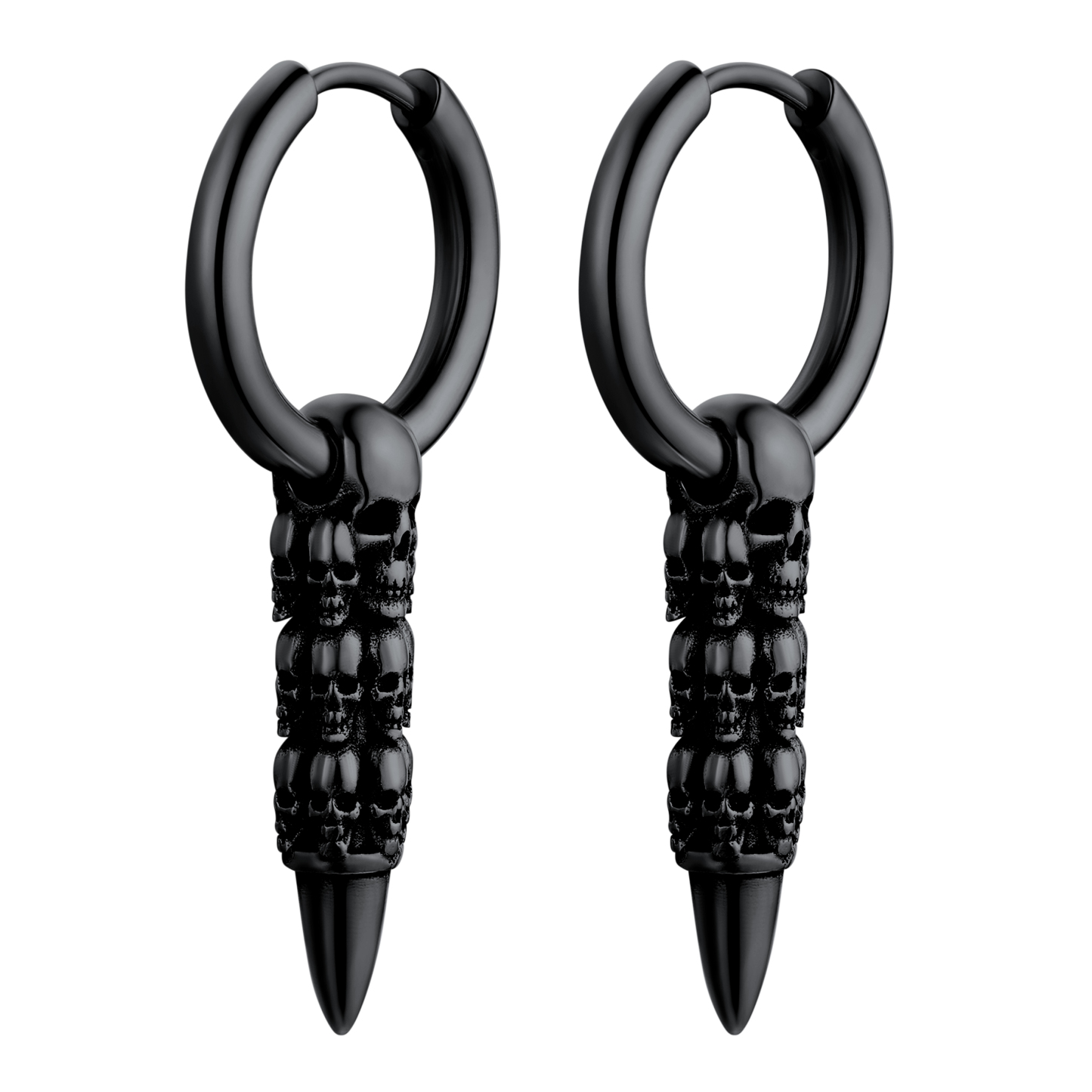 Skull Huggie Hoop Dangle Drop Earrings in Black Plated