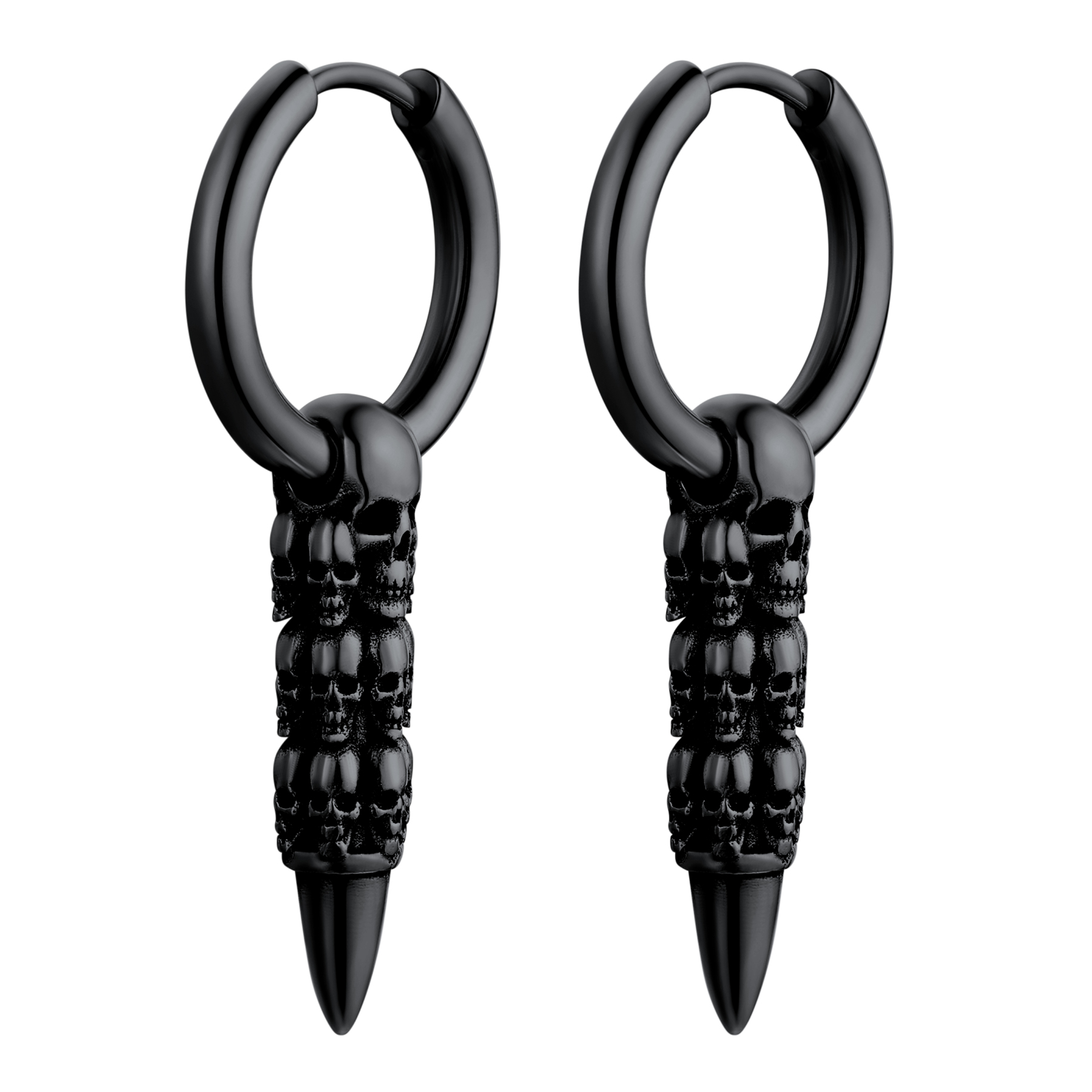 Skull Huggie Hoop Dangle Drop Earrings in Black Plated