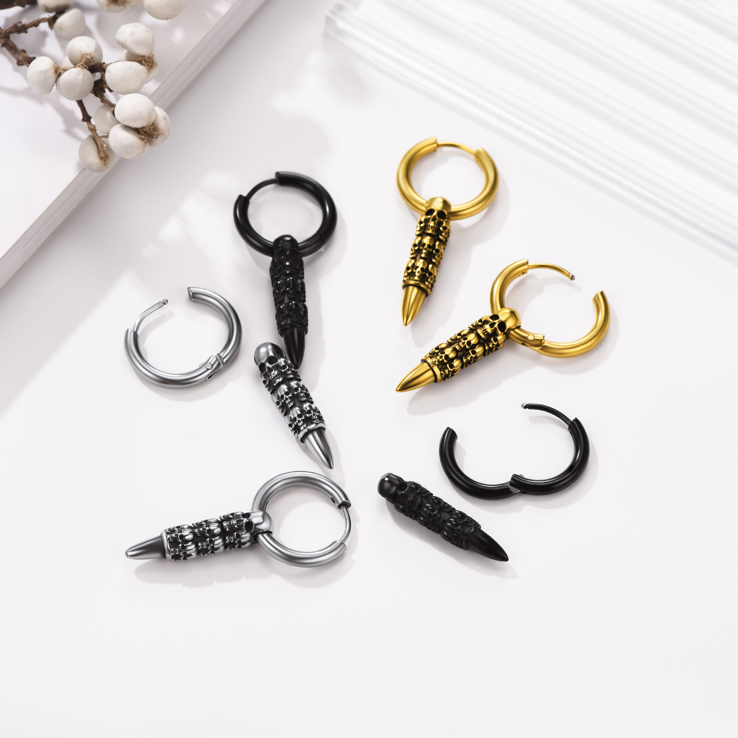 Skull Huggie Hoop Dangle Drop Earrings in Different Colors