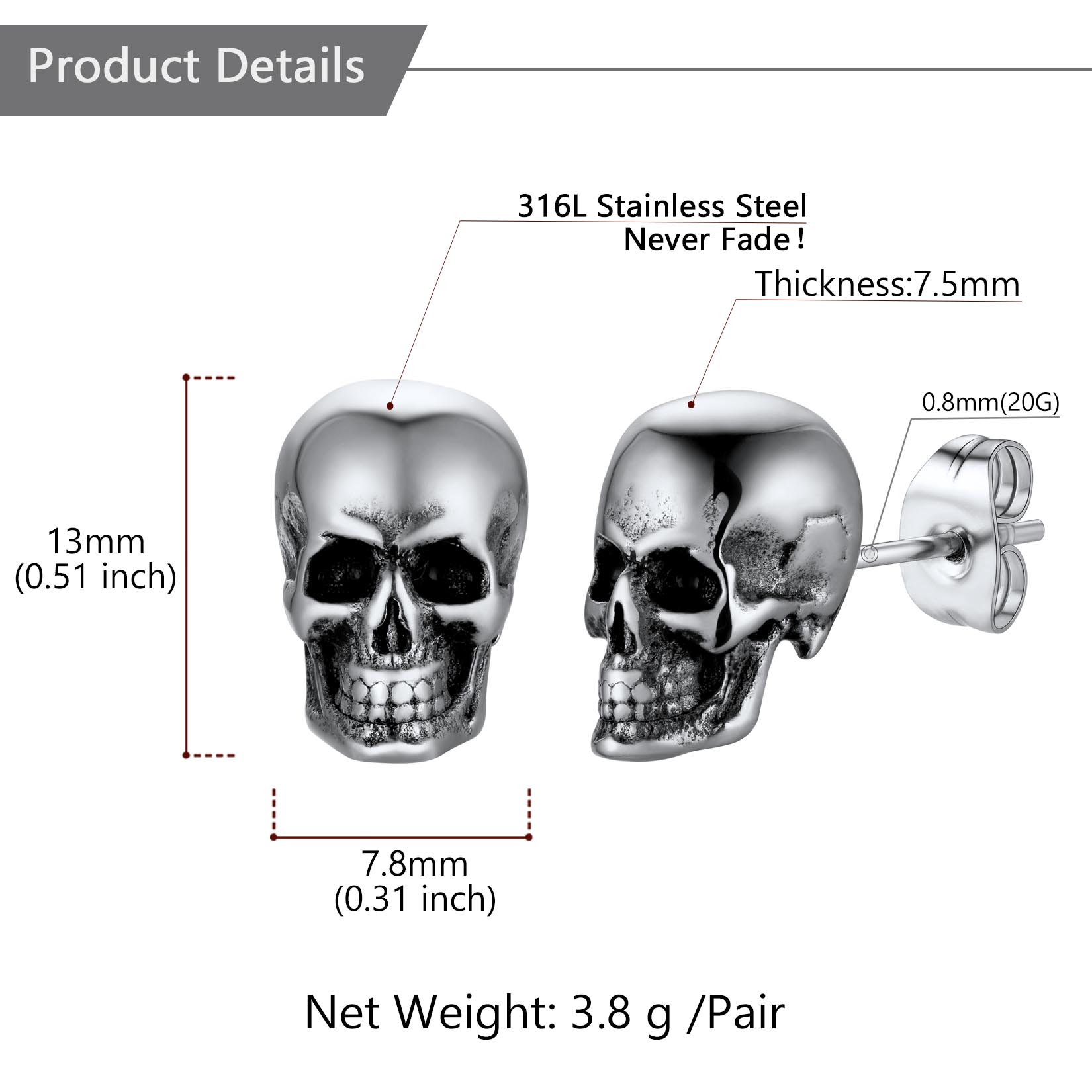 Skull Stud Details-Earrings Size, Weight