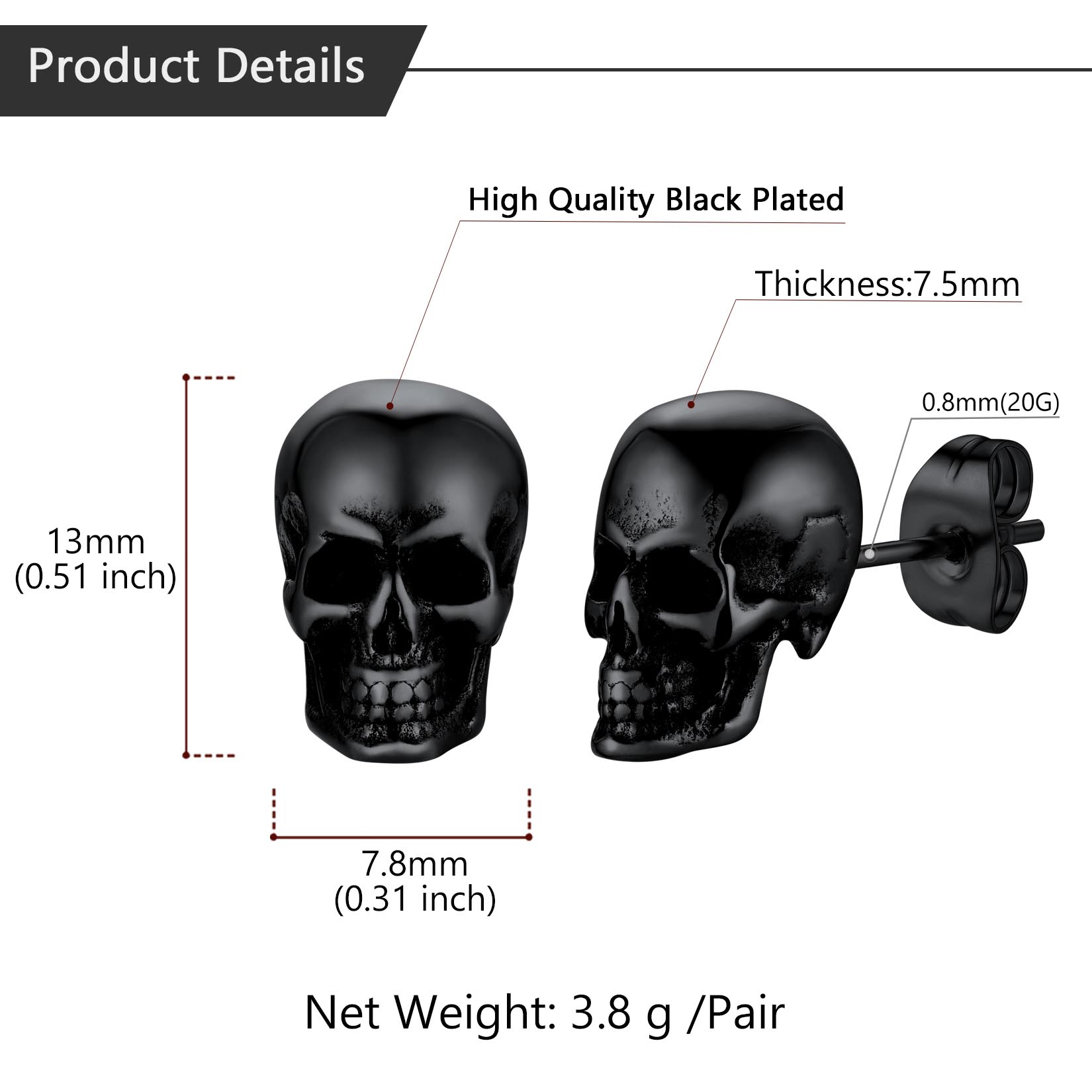 Skull Stud Details-Earrings Size, Weight