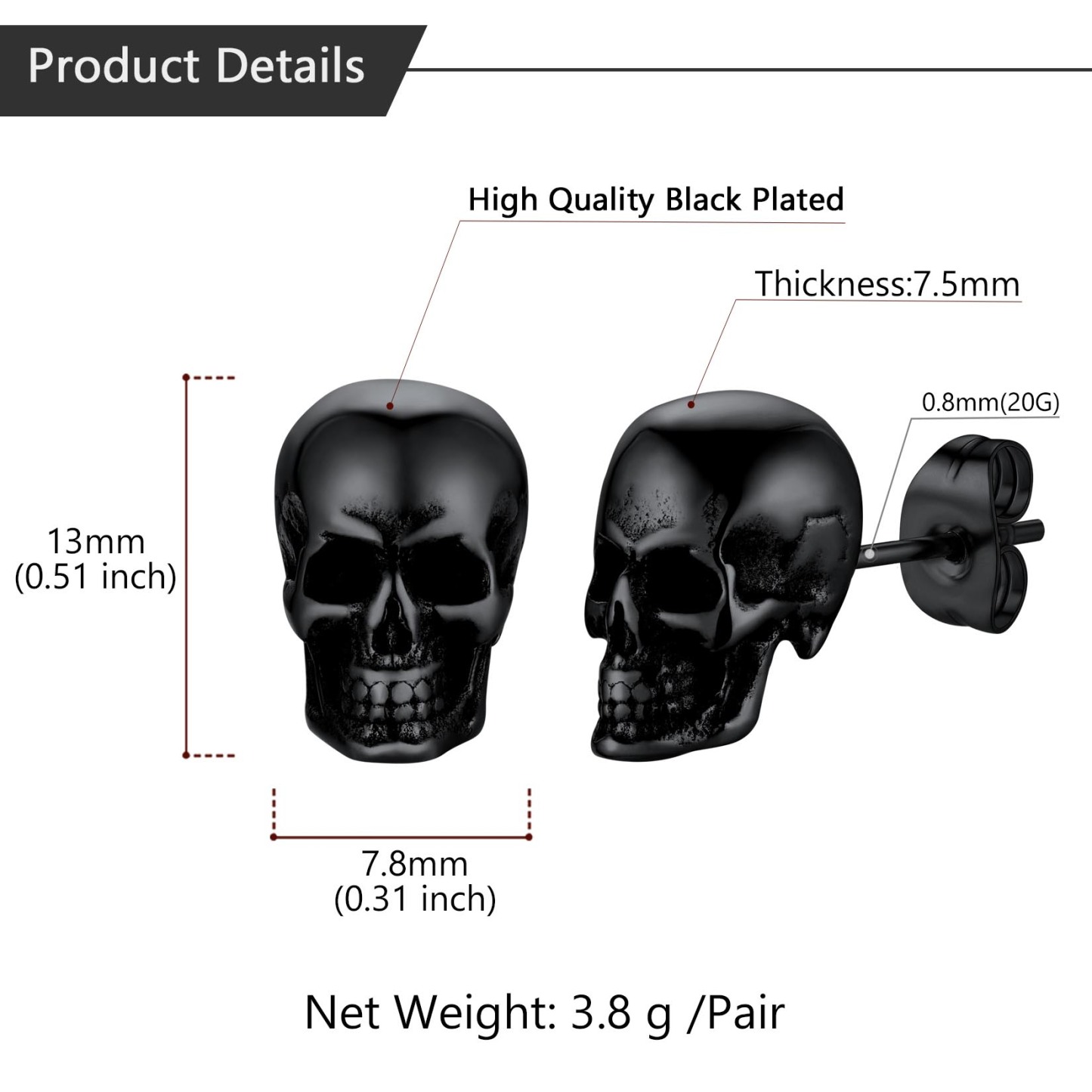 Skull Stud Details-Earrings Size, Weight