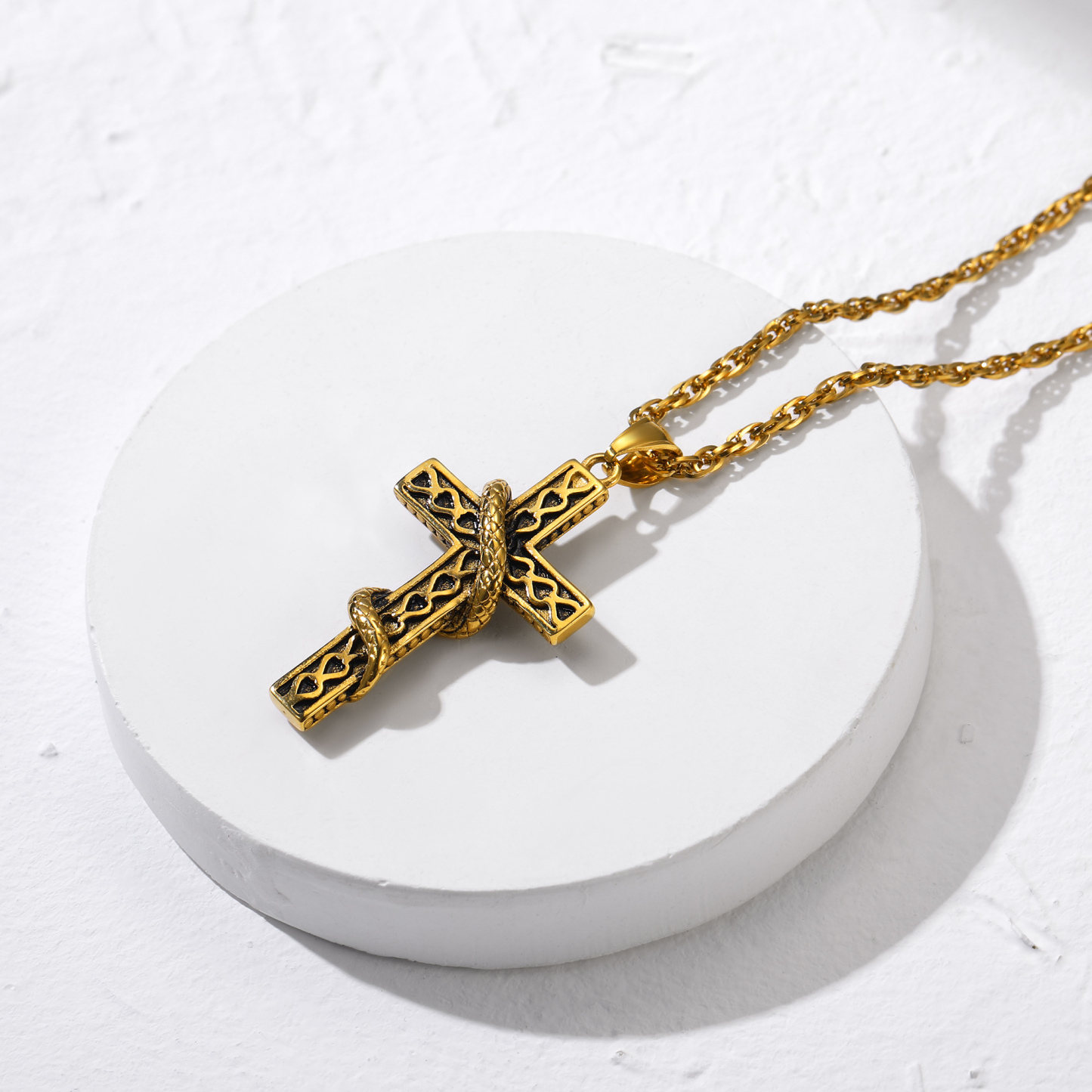 Snake Cross Pendant Necklace, 18K Gold Plated-01