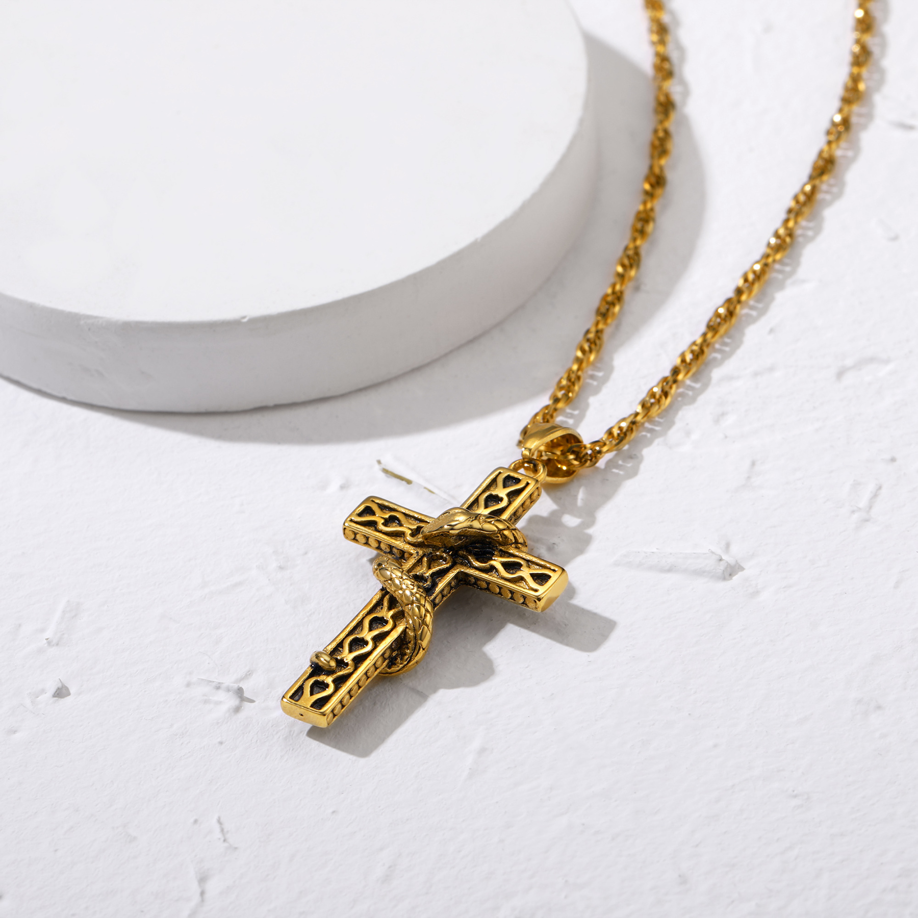 Snake Cross Pendant Necklace, 18K Gold Plated-02