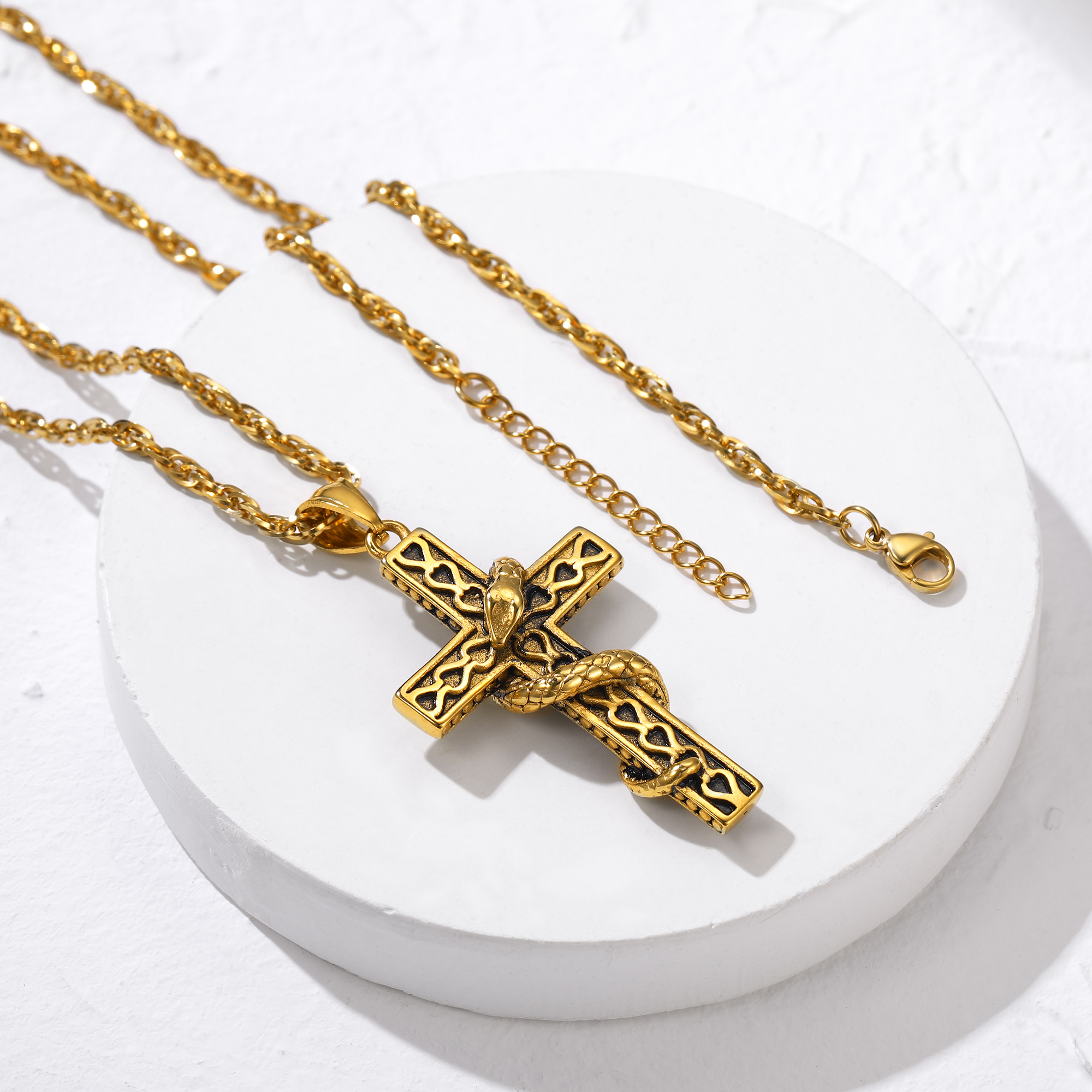 Snake Cross Pendant Necklace, 18K Gold Plated-03