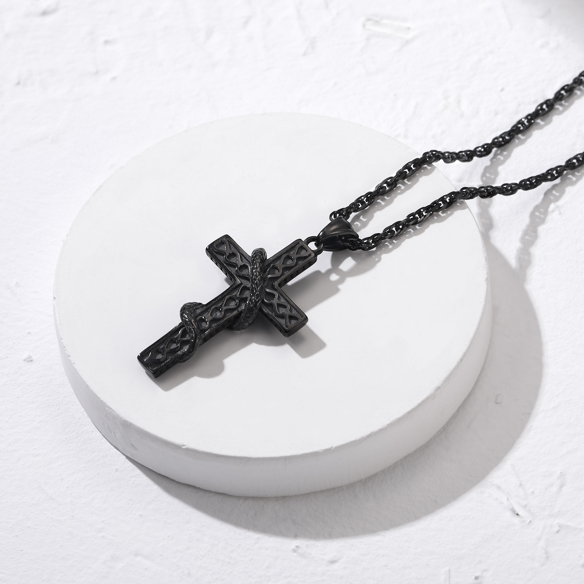Snake Cross Pendant Necklace, Black Plated-01