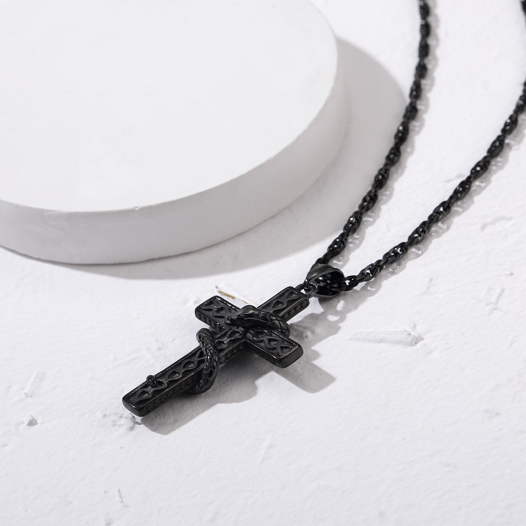 Snake Cross Pendant Necklace, Black Plated-02