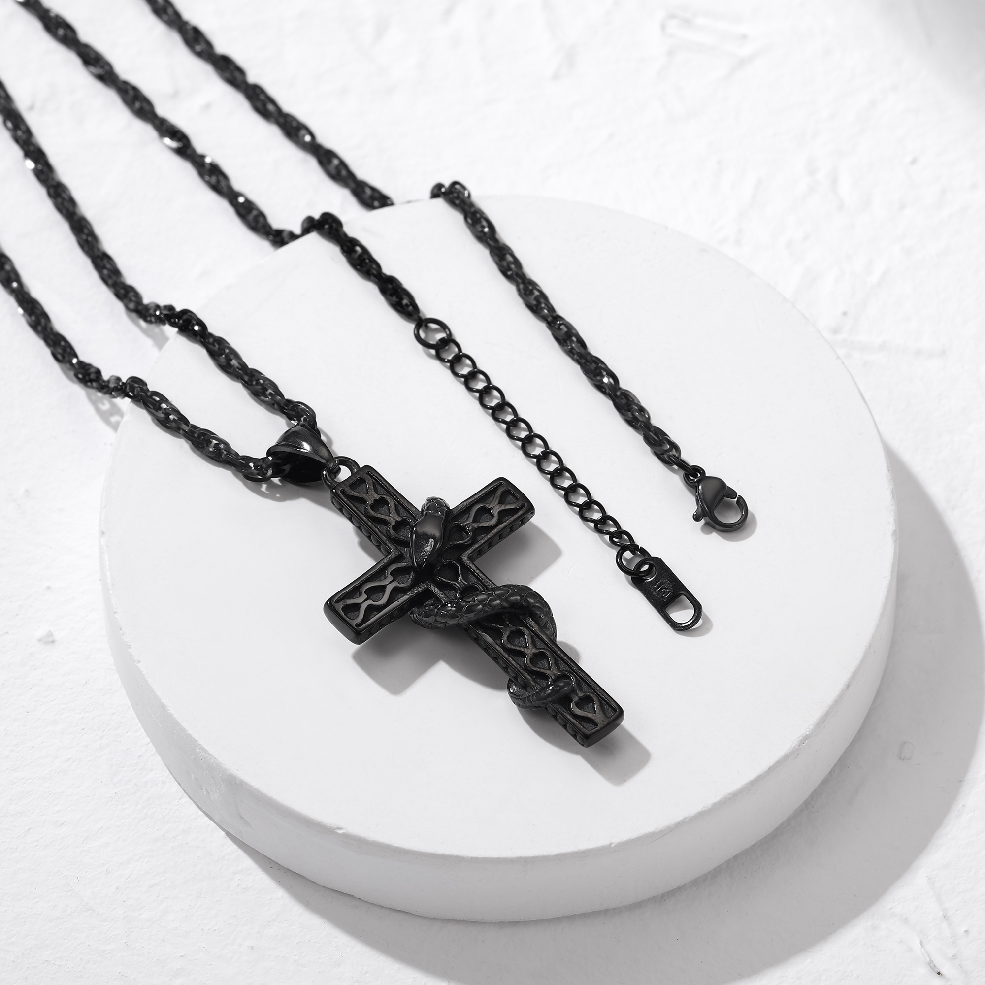 Snake Cross Pendant Necklace, Black Plated-03