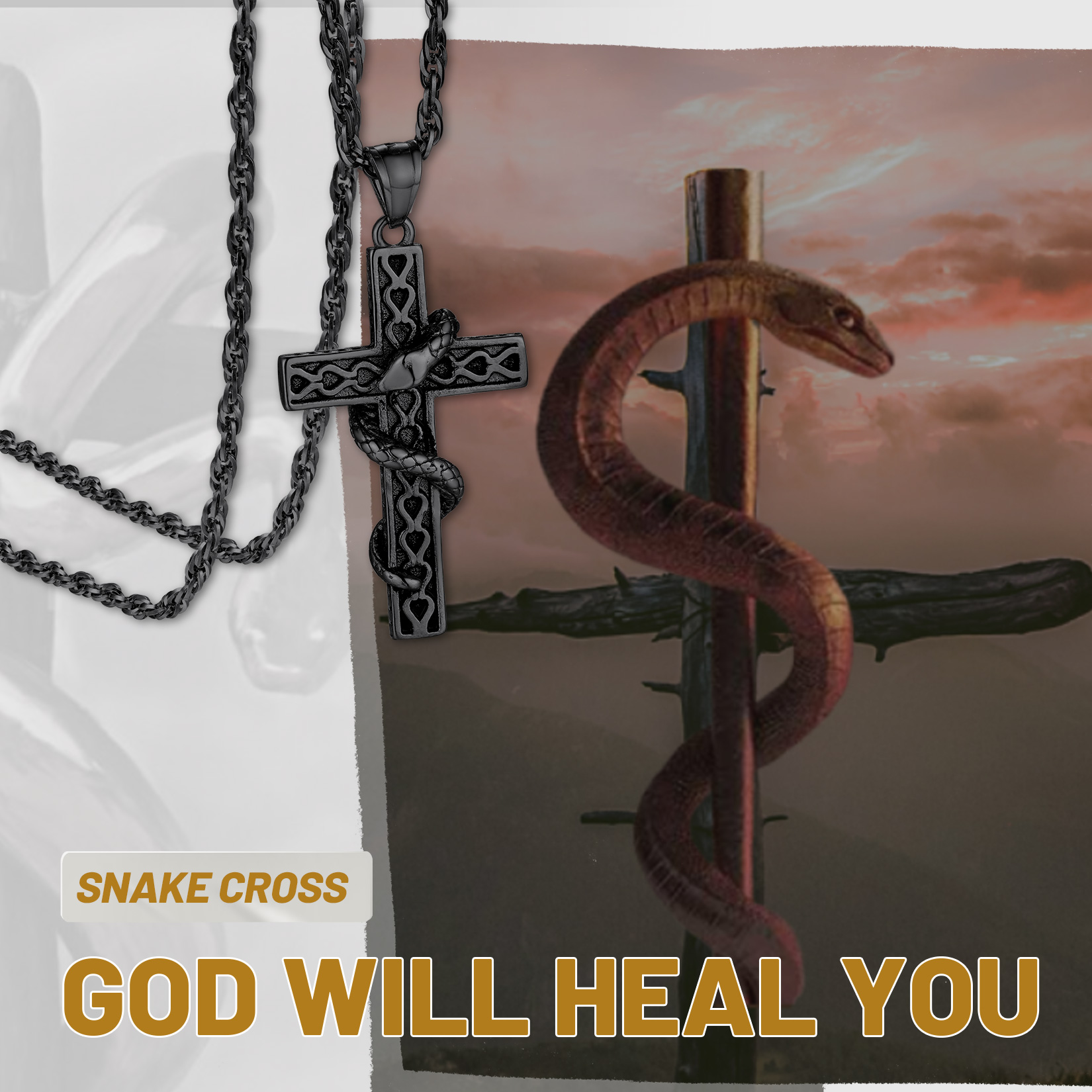 Snake Cross Pendant Necklace, Religious Jewelry