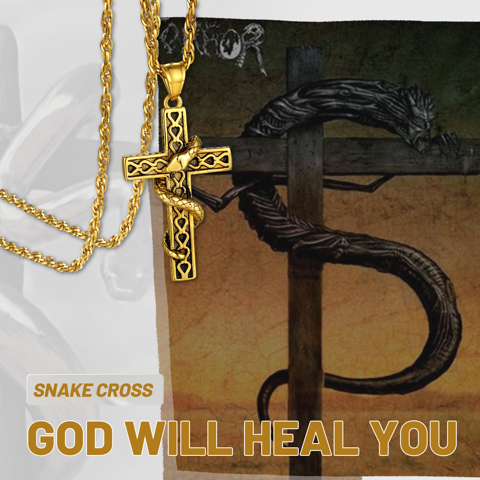 Snake Cross Pendant Necklace, Religious Jewelry