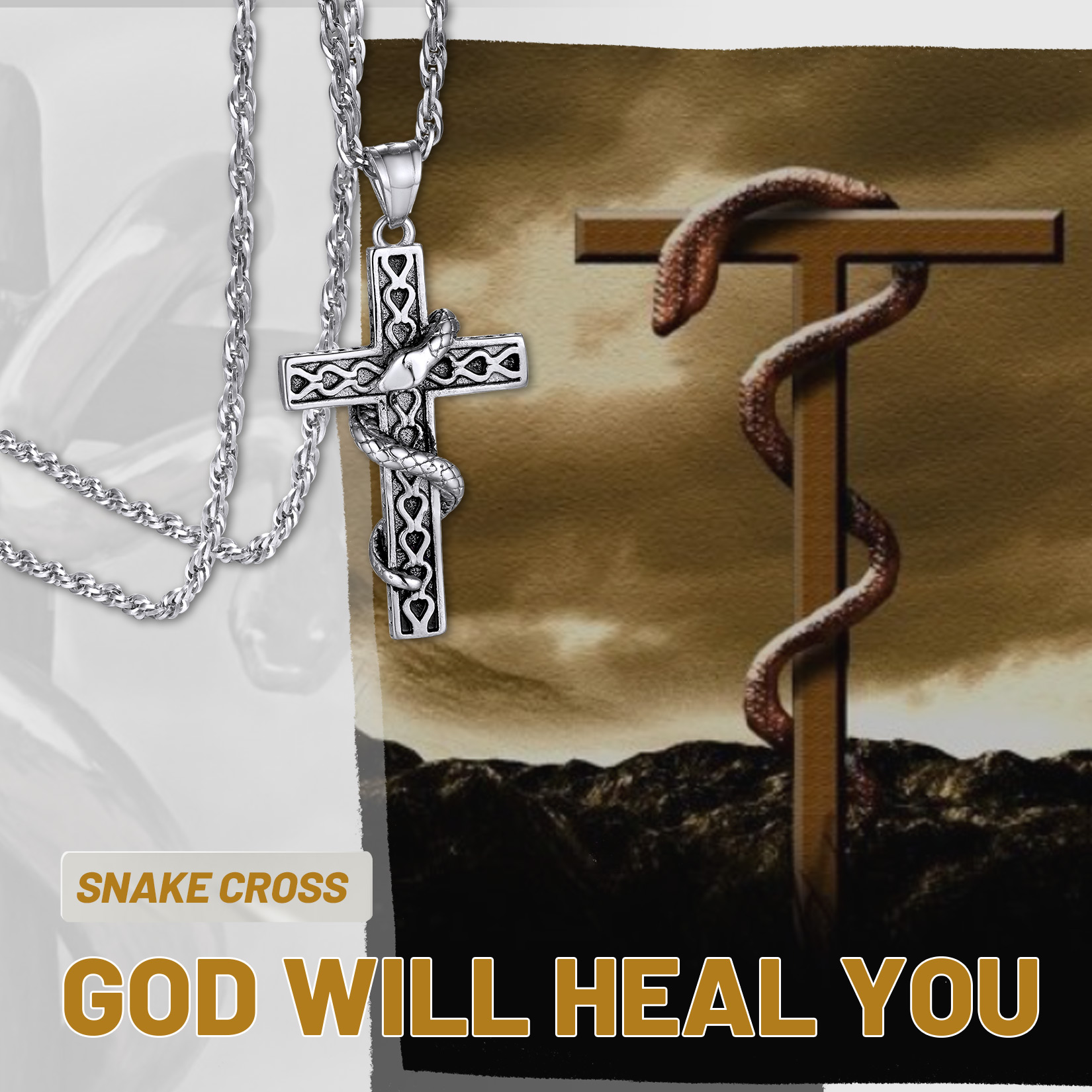 Snake Cross Pendant Necklace, Religious Jewelry