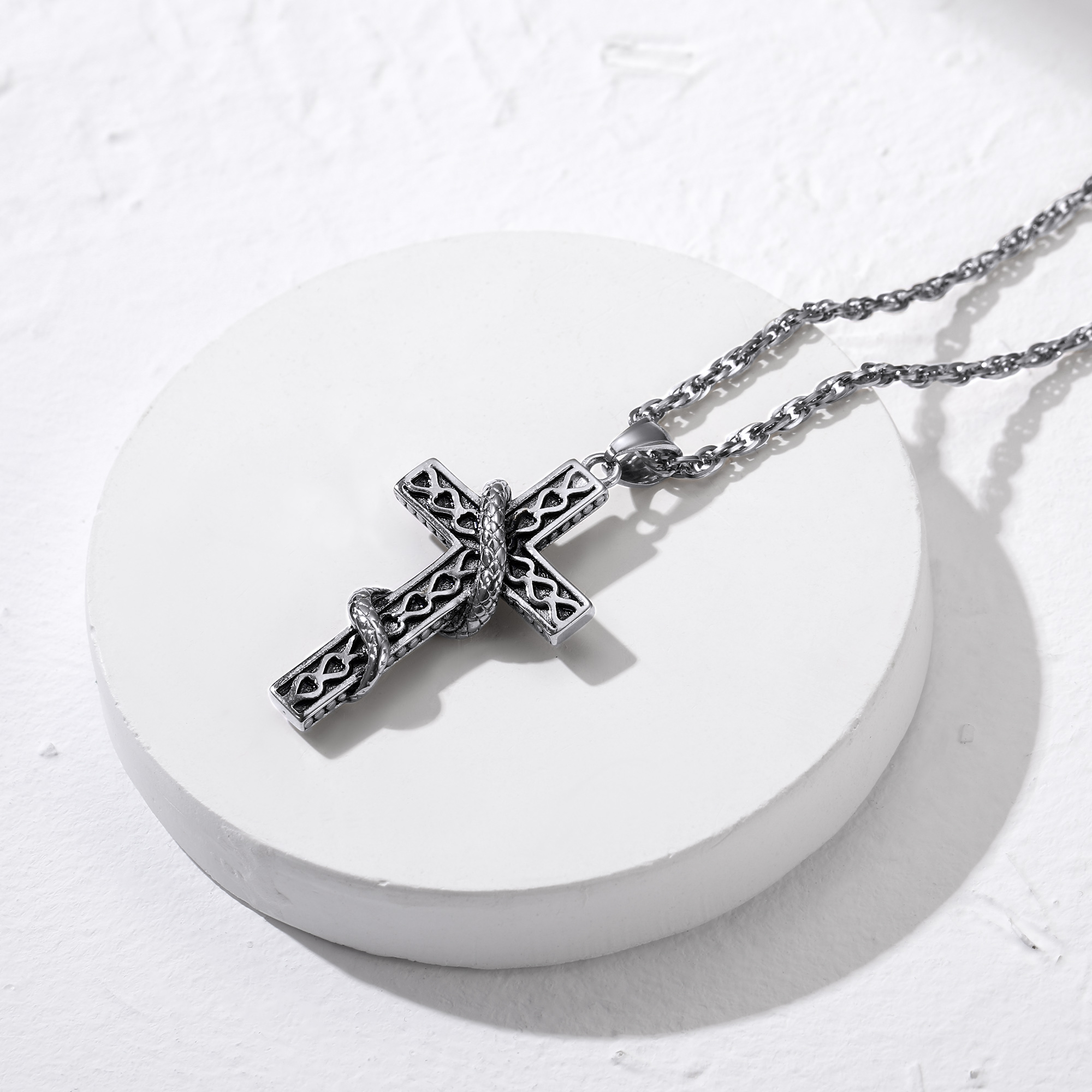 Snake Cross Pendant Necklace, Stainless Steel-01