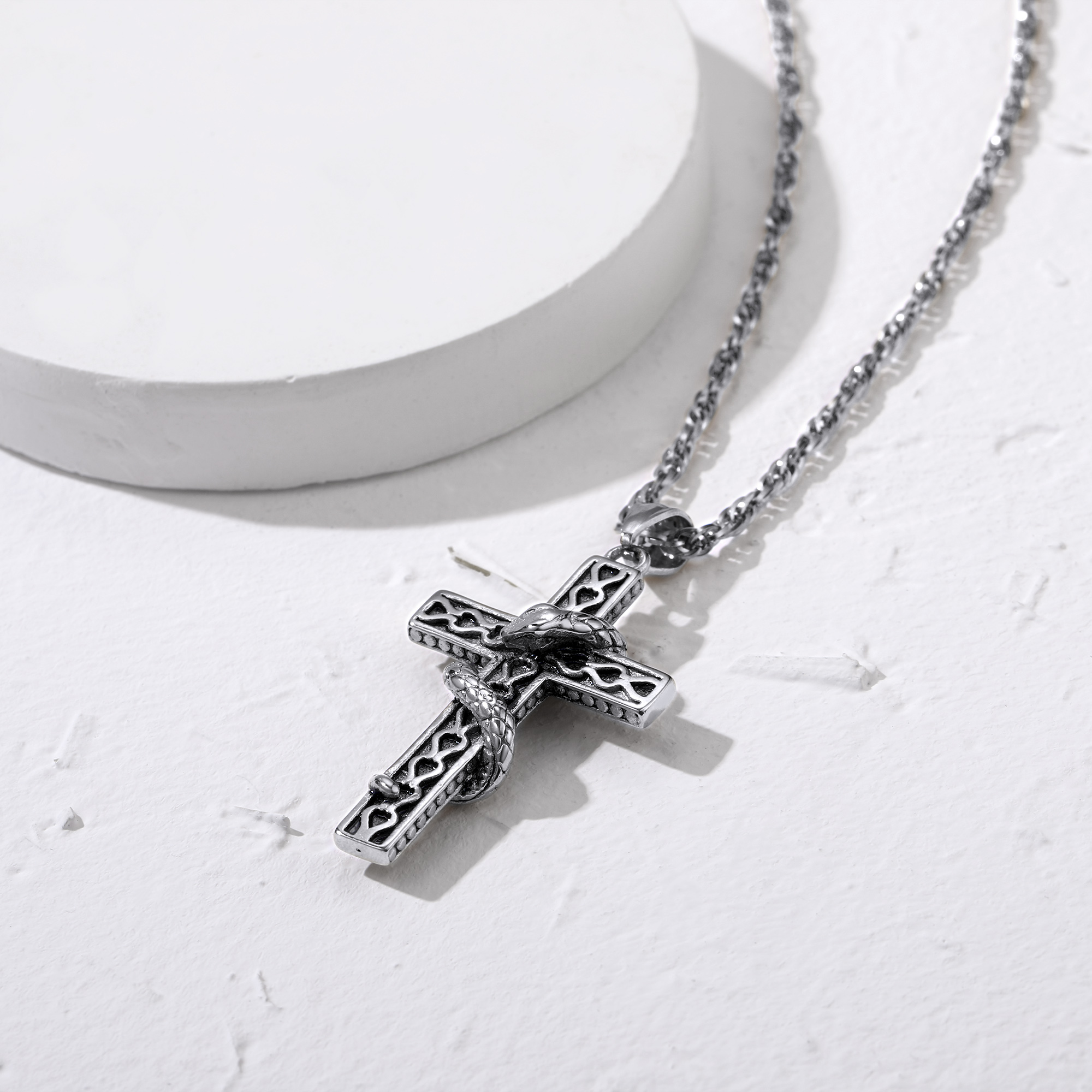 Snake Cross Pendant Necklace, Stainless Steel-02