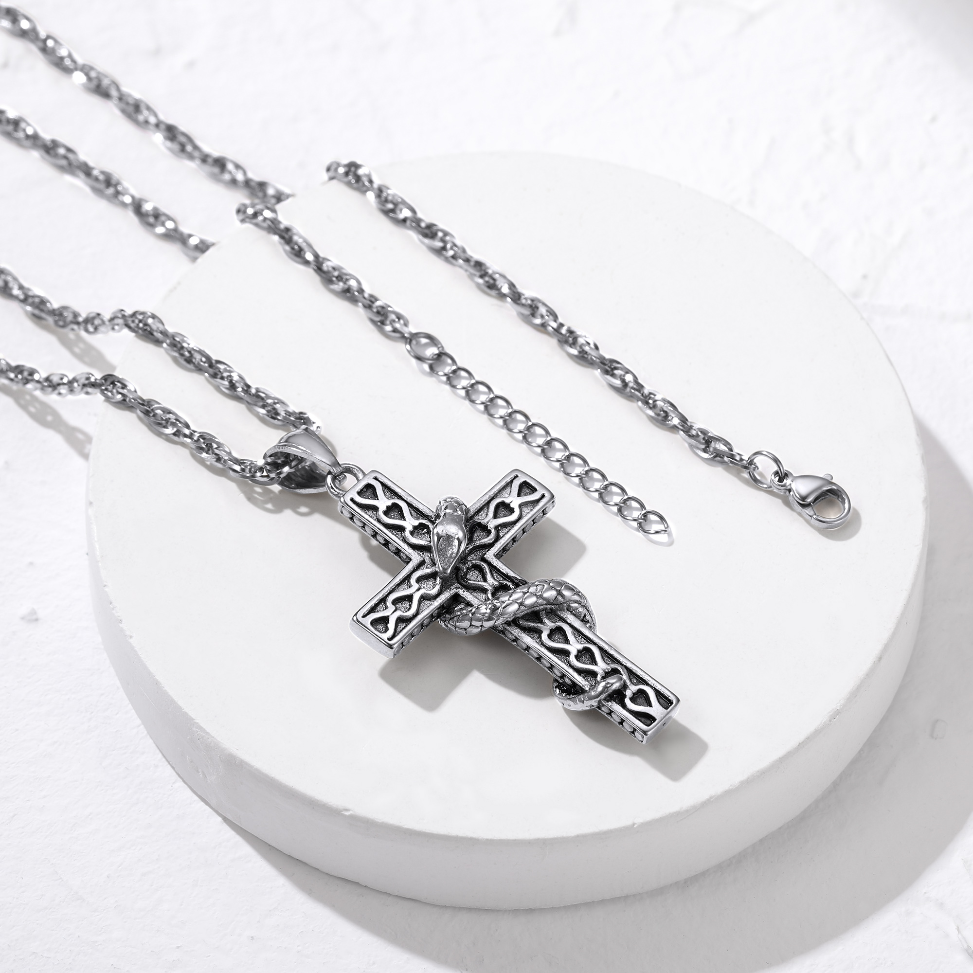 Snake Cross Pendant Necklace, Stainless Steel-03