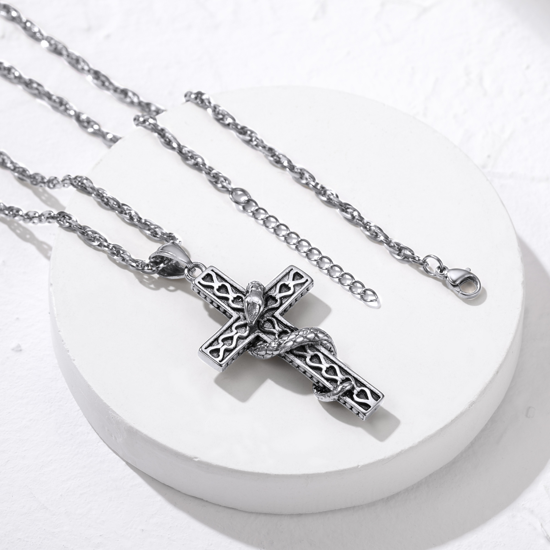 Snake Cross Pendant Necklace, Stainless Steel-03