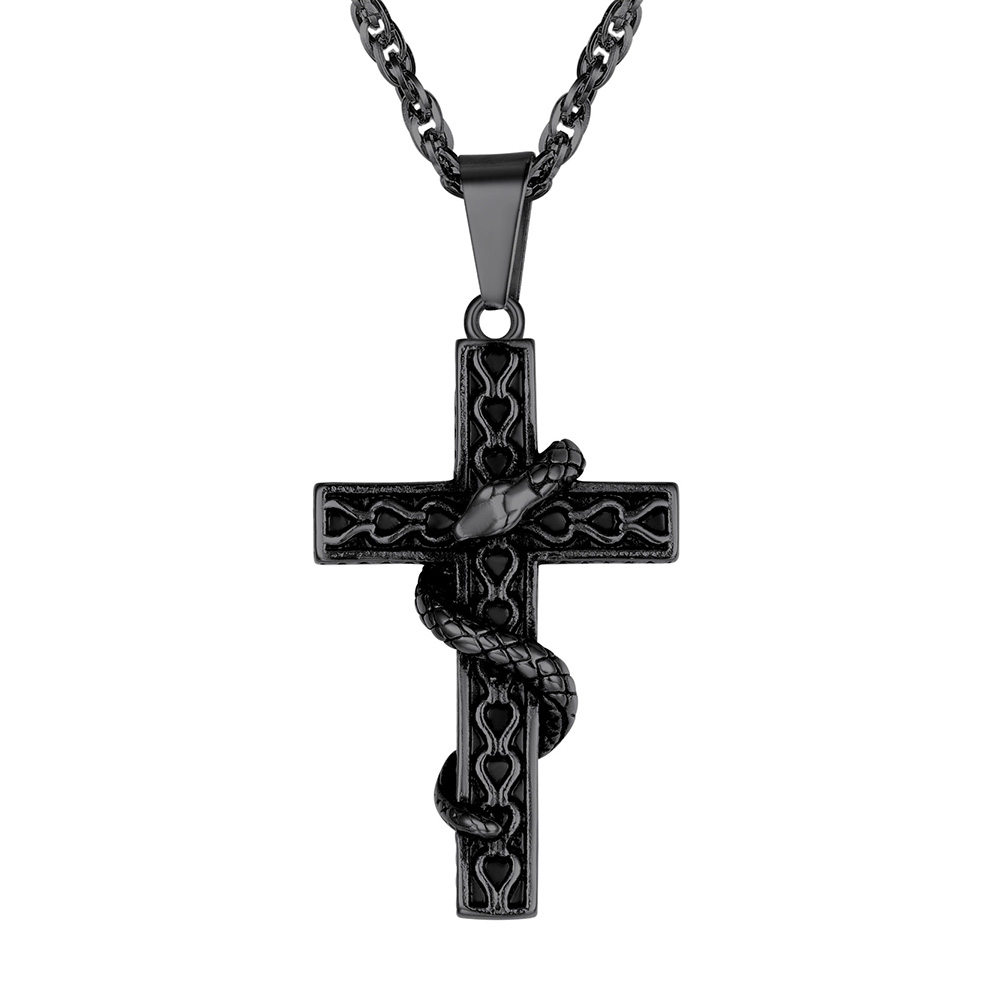 Snake Cross Pendant Necklace in Black Plated
