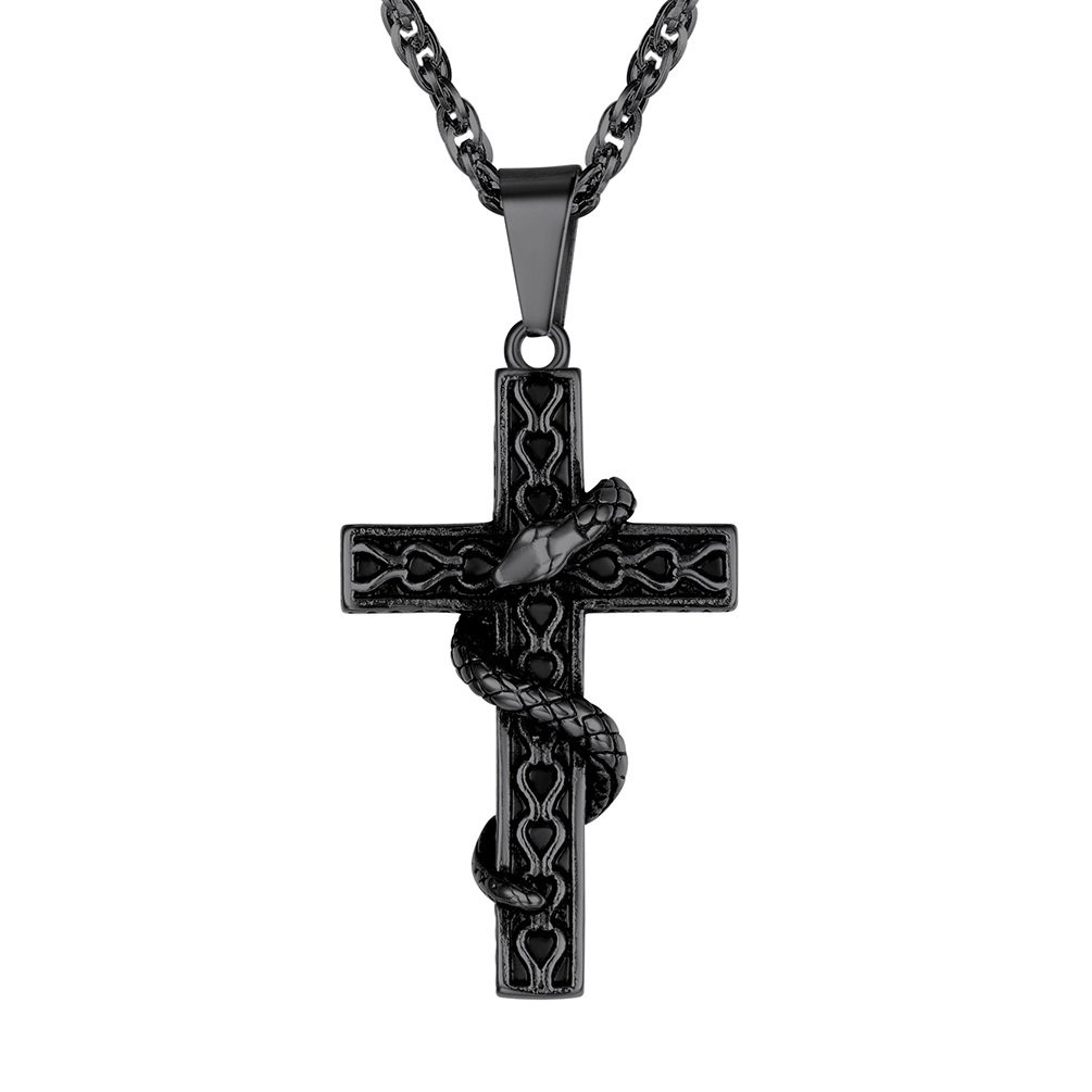 Snake Cross Pendant Necklace in Black Plated