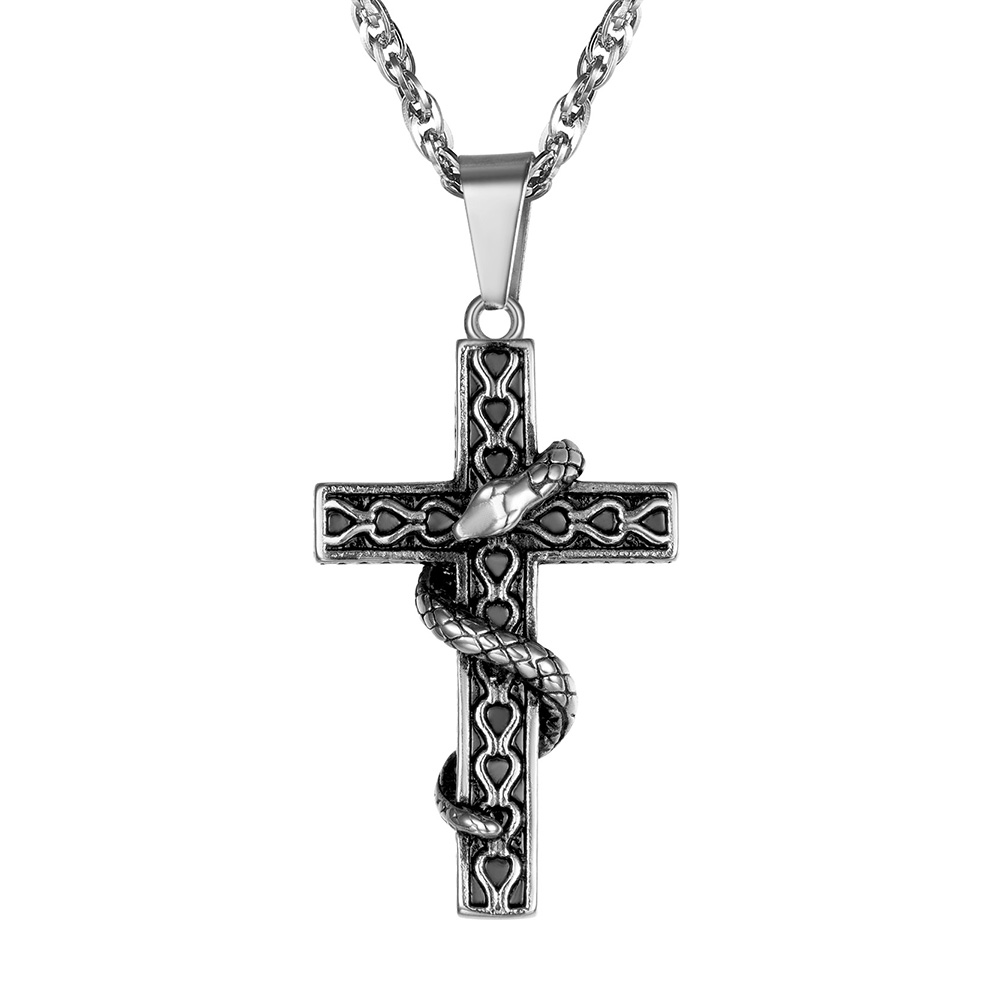 Snake Cross Pendant Necklace in Stainless Steel
