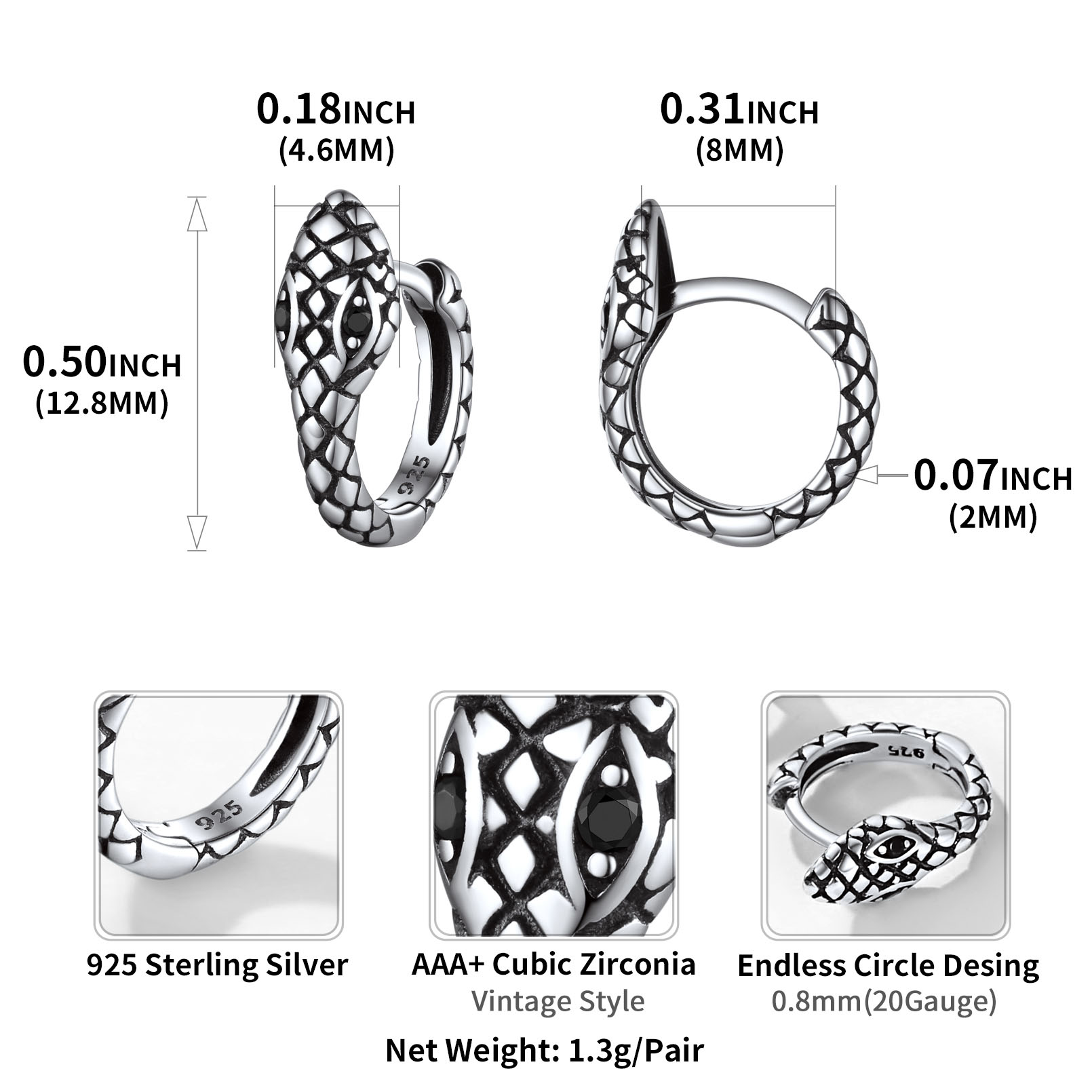 Snake Huggie Hoop Details-Earrings Size, Weight