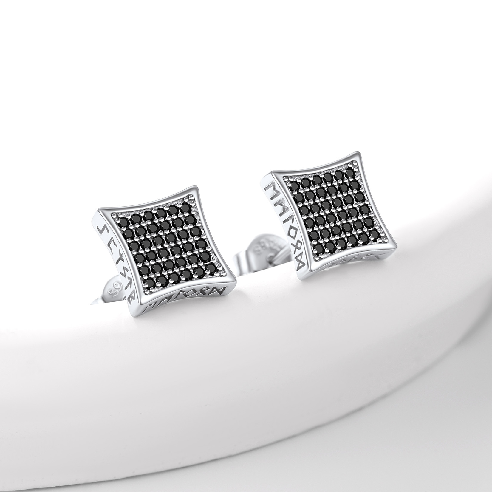 Square Viking Rune Stud Earrings with CZ, Sterling Silver-01